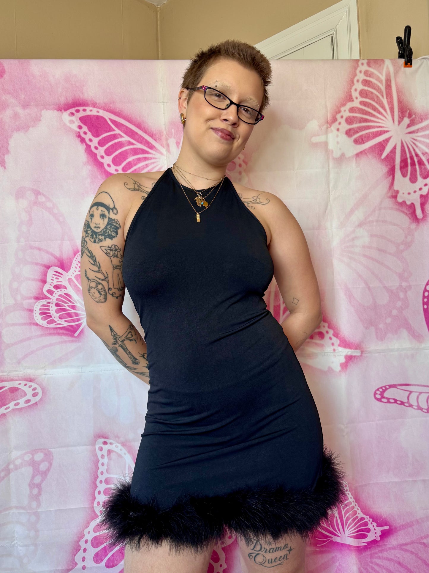 90s Bebe Moda Feather Trim Mini Dress