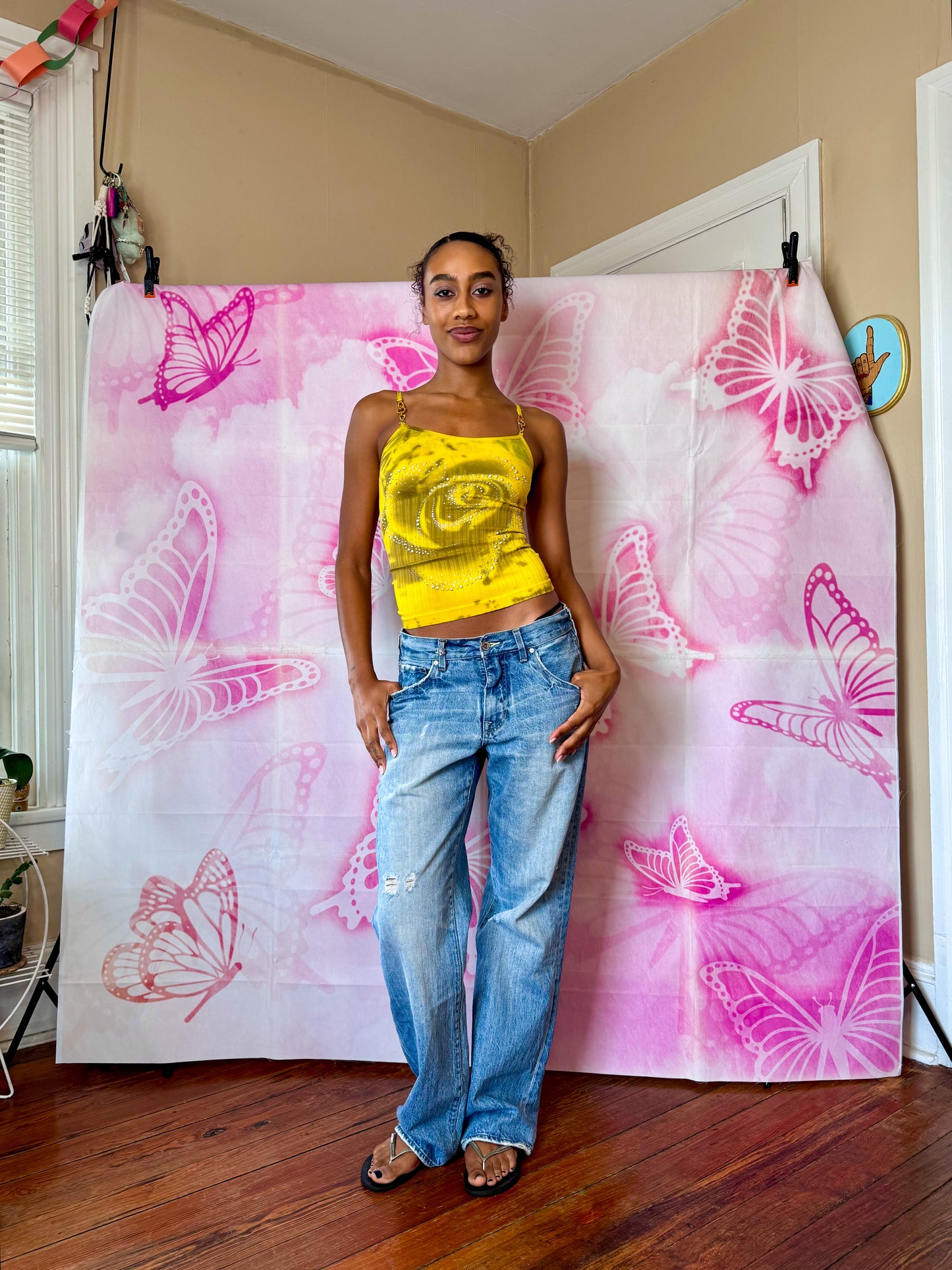 Y2K Deadstock Beadazzled Rose Cami in Yellow