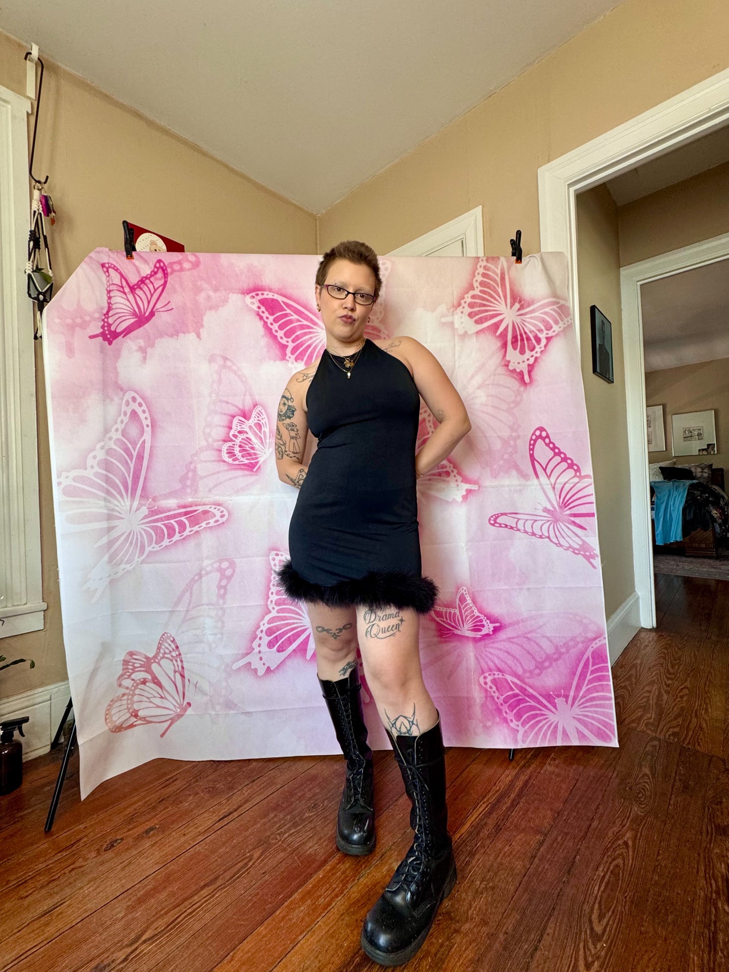 90s Bebe Moda Feather Trim Mini Dress