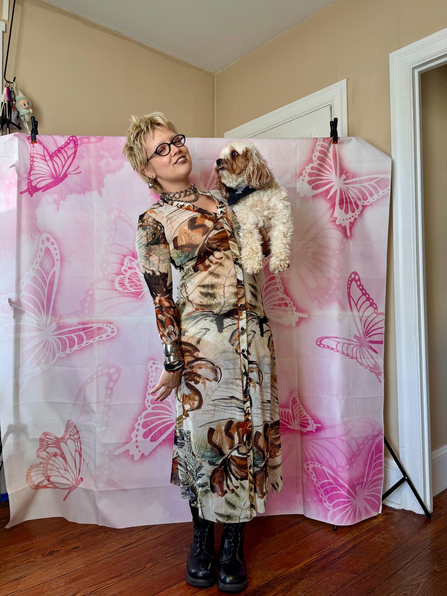 90s/Y2K Fuzzi Foliage Print Mesh Midi Dress/ Duster