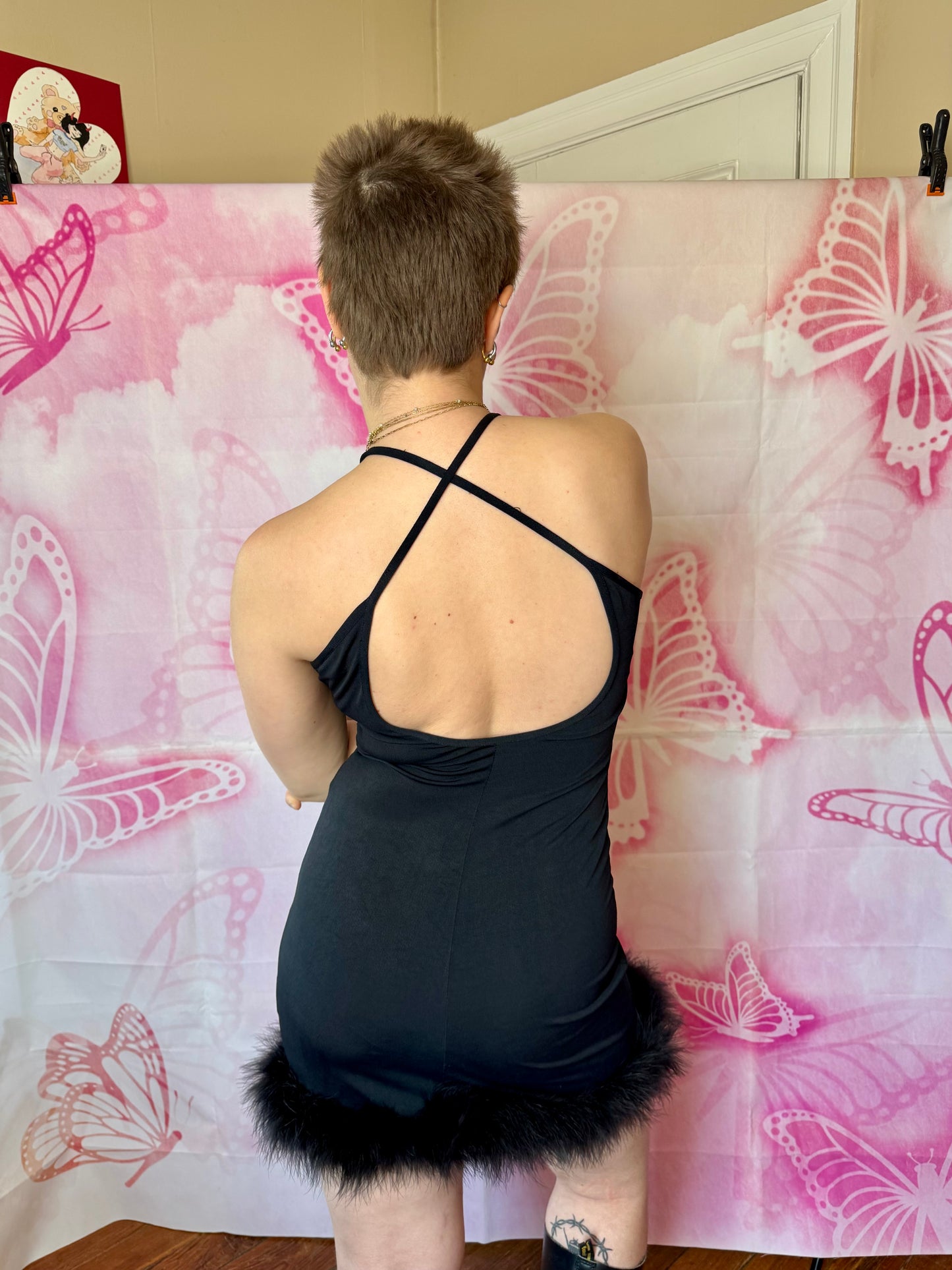 90s Bebe Moda Feather Trim Mini Dress