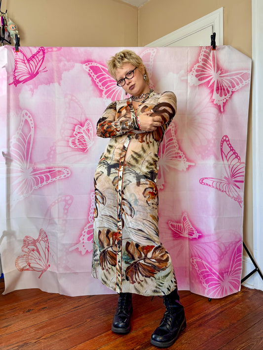 90s/Y2K Fuzzi Foliage Print Mesh Midi Dress/ Duster