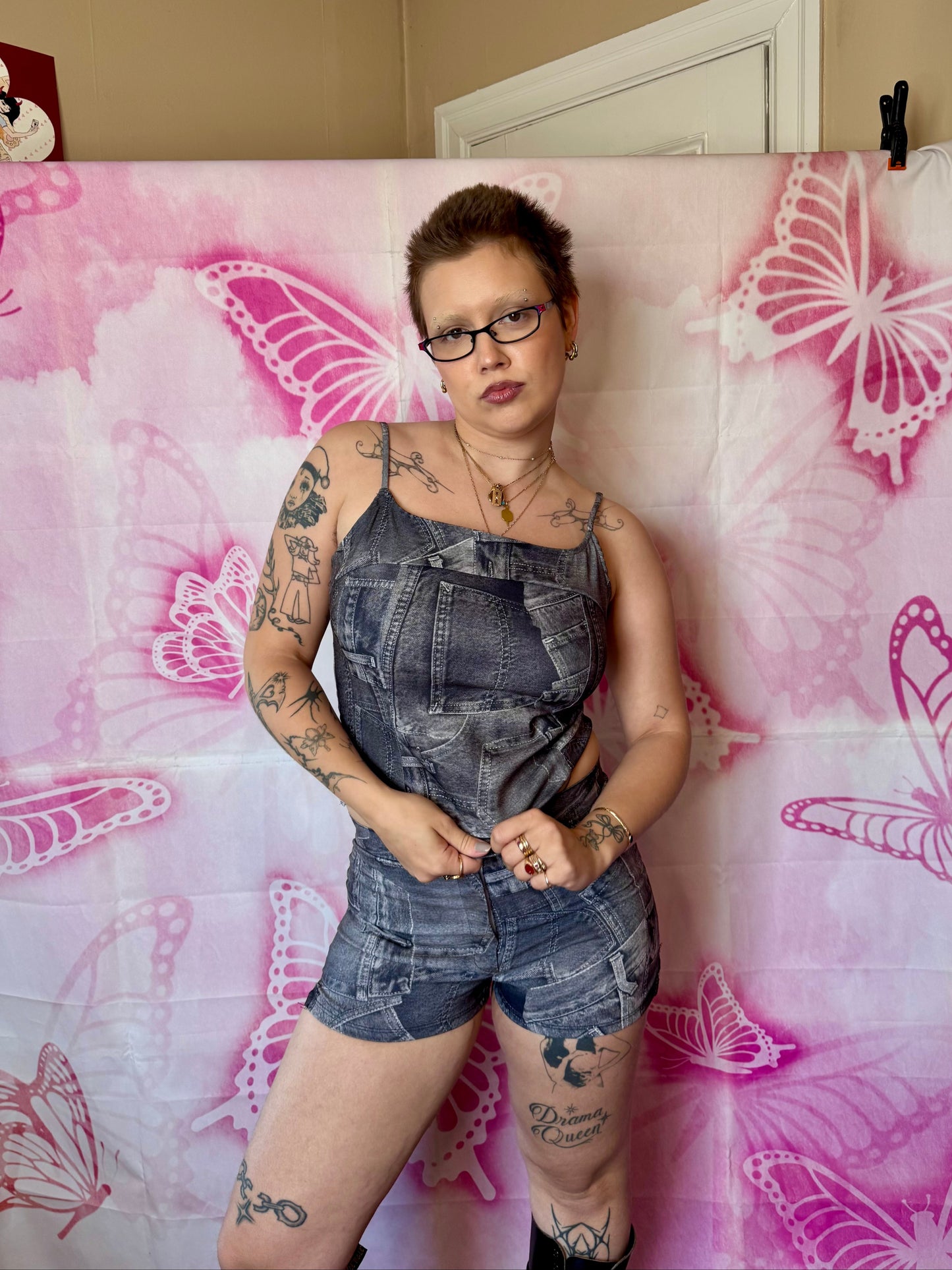 Y2K Denim Print 2 Piece Shorts Set