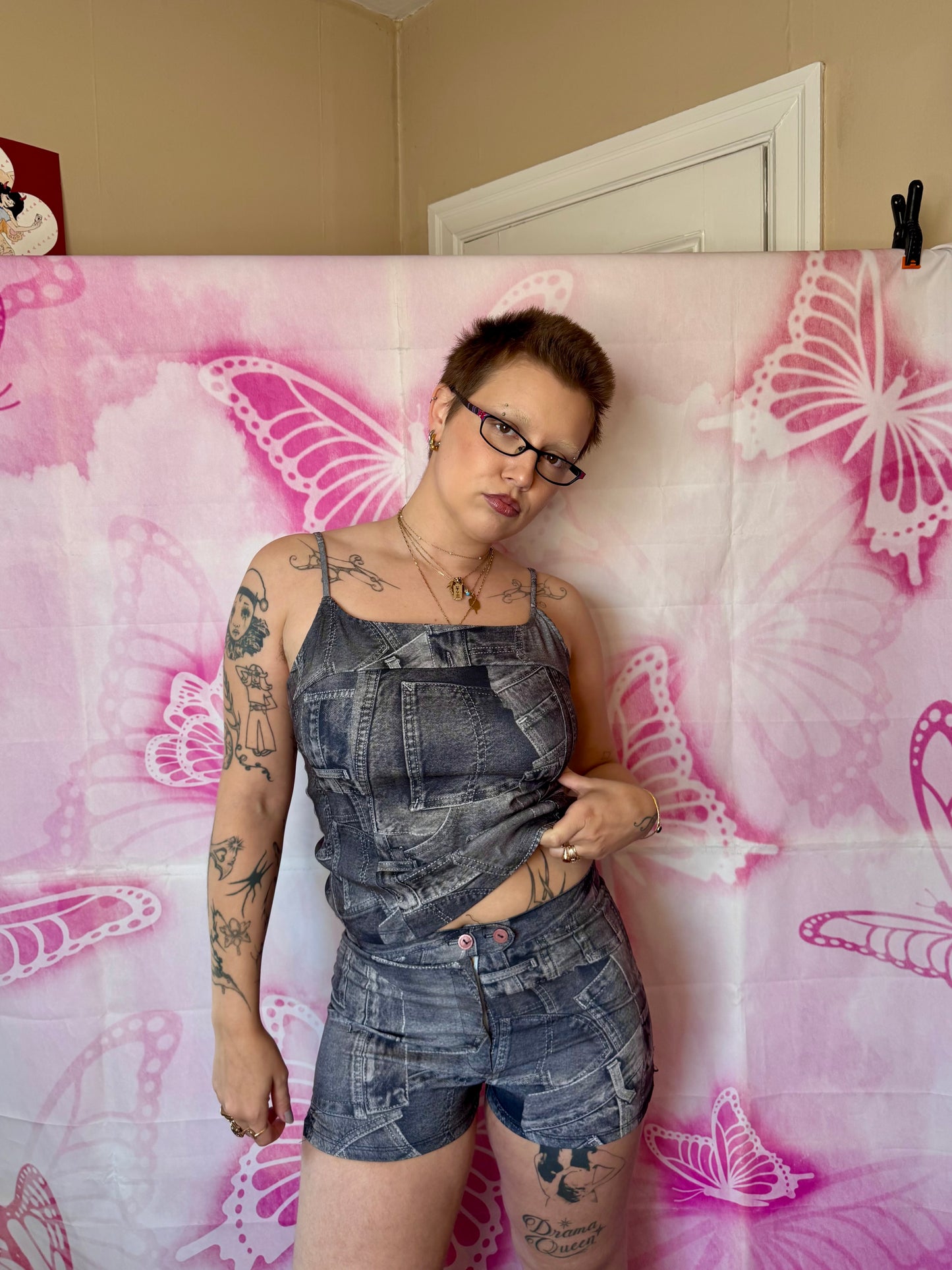 Y2K Denim Print 2 Piece Shorts Set