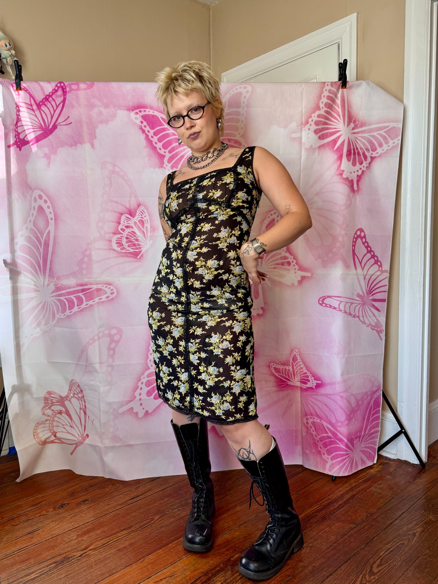 2000 Spring Betsey Johnson Floral Sheer Slip Dress