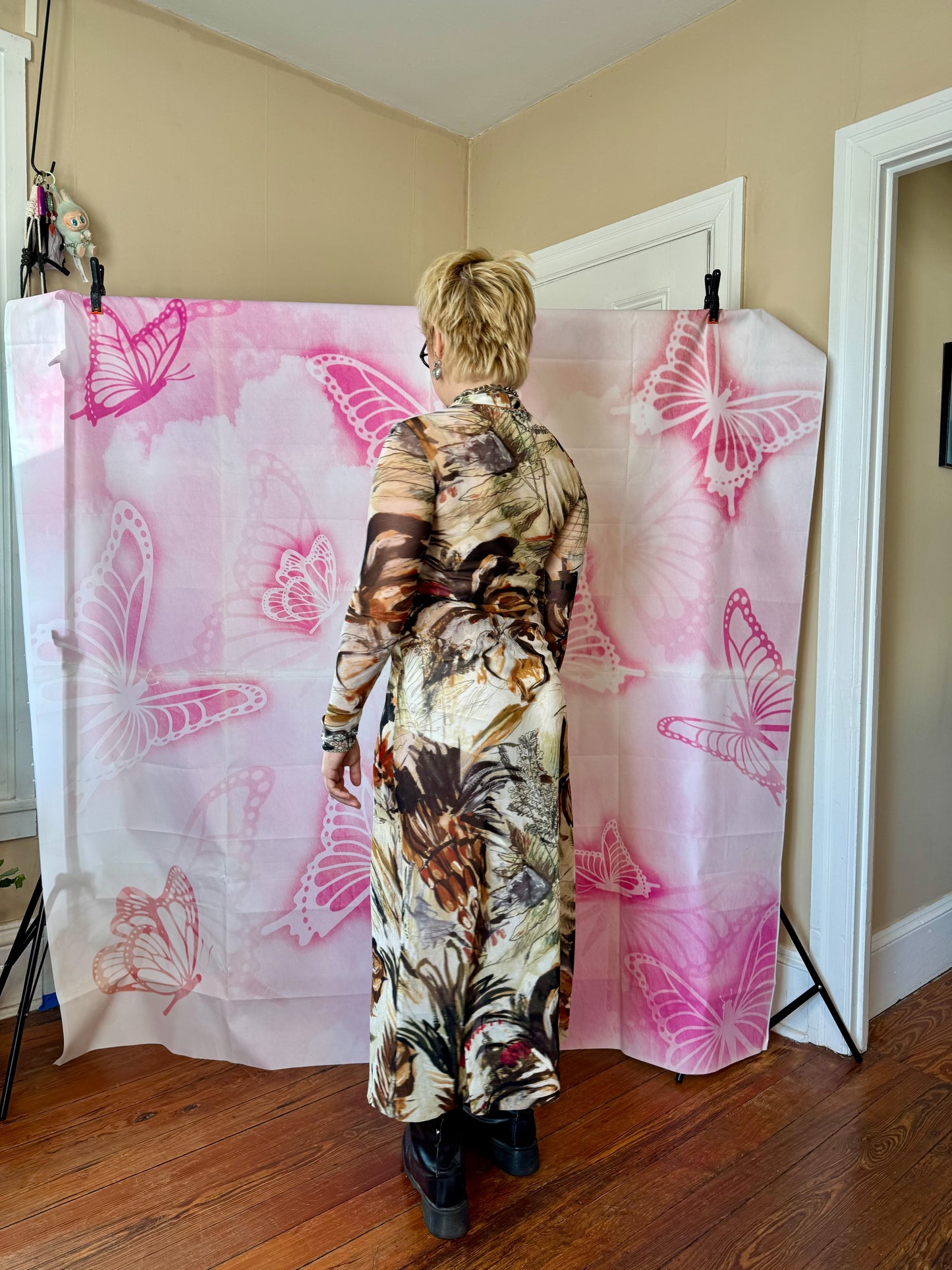 90s/Y2K Fuzzi Foliage Print Mesh Midi Dress/ Duster