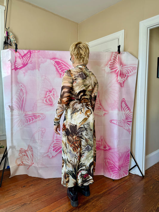 90s/Y2K Fuzzi Foliage Print Mesh Midi Dress/ Duster
