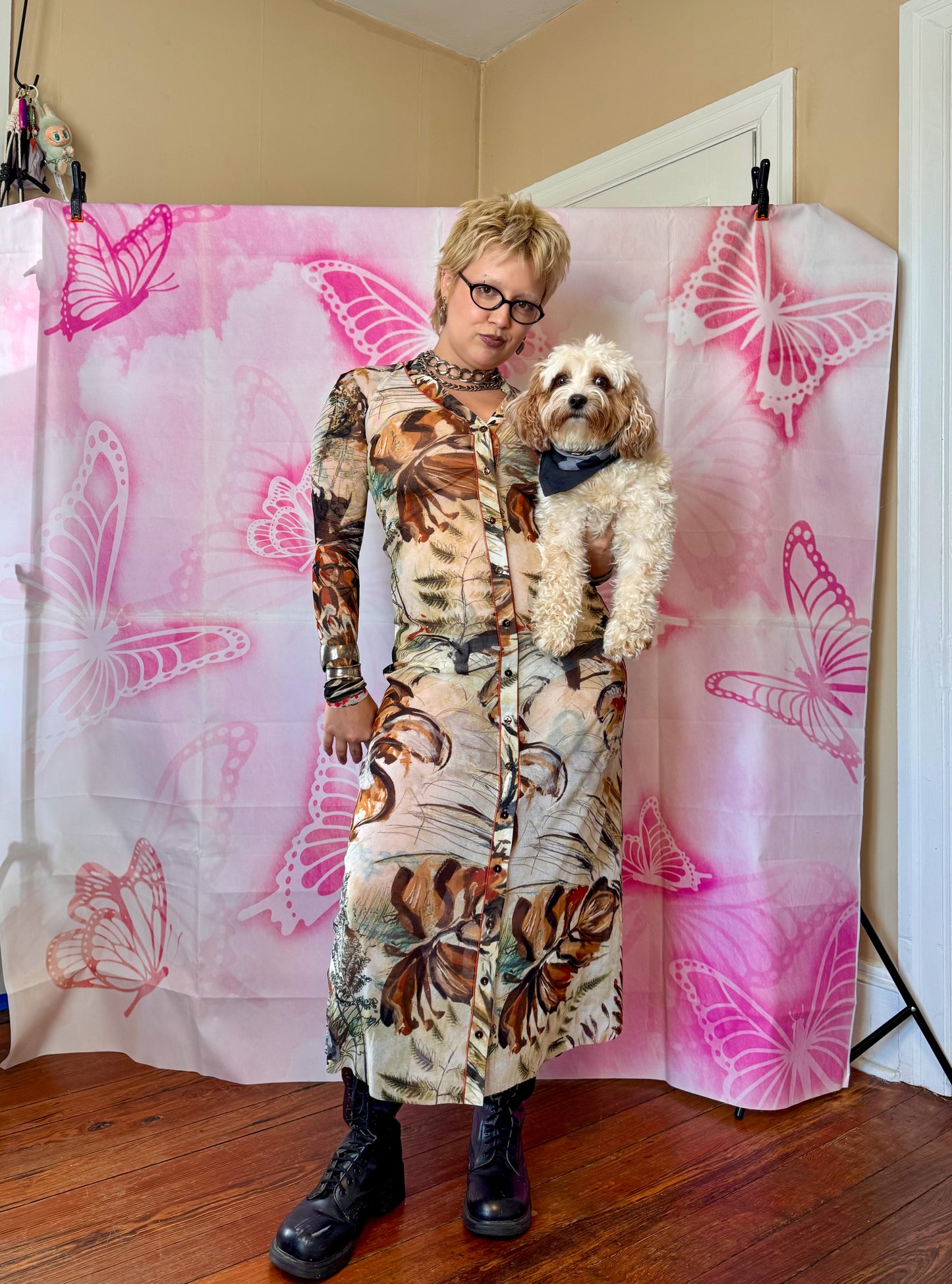90s/Y2K Fuzzi Foliage Print Mesh Midi Dress/ Duster