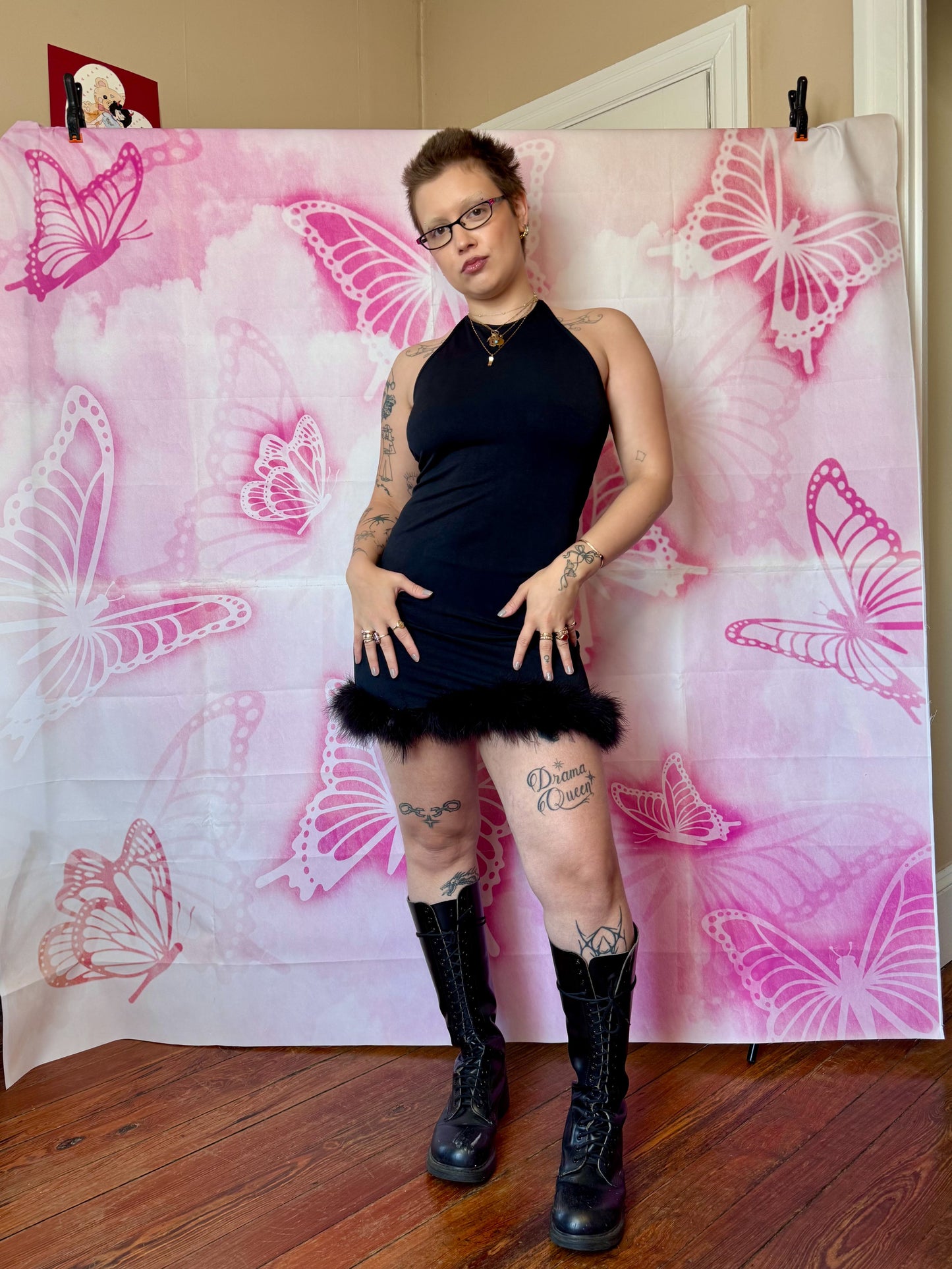 90s Bebe Moda Feather Trim Mini Dress