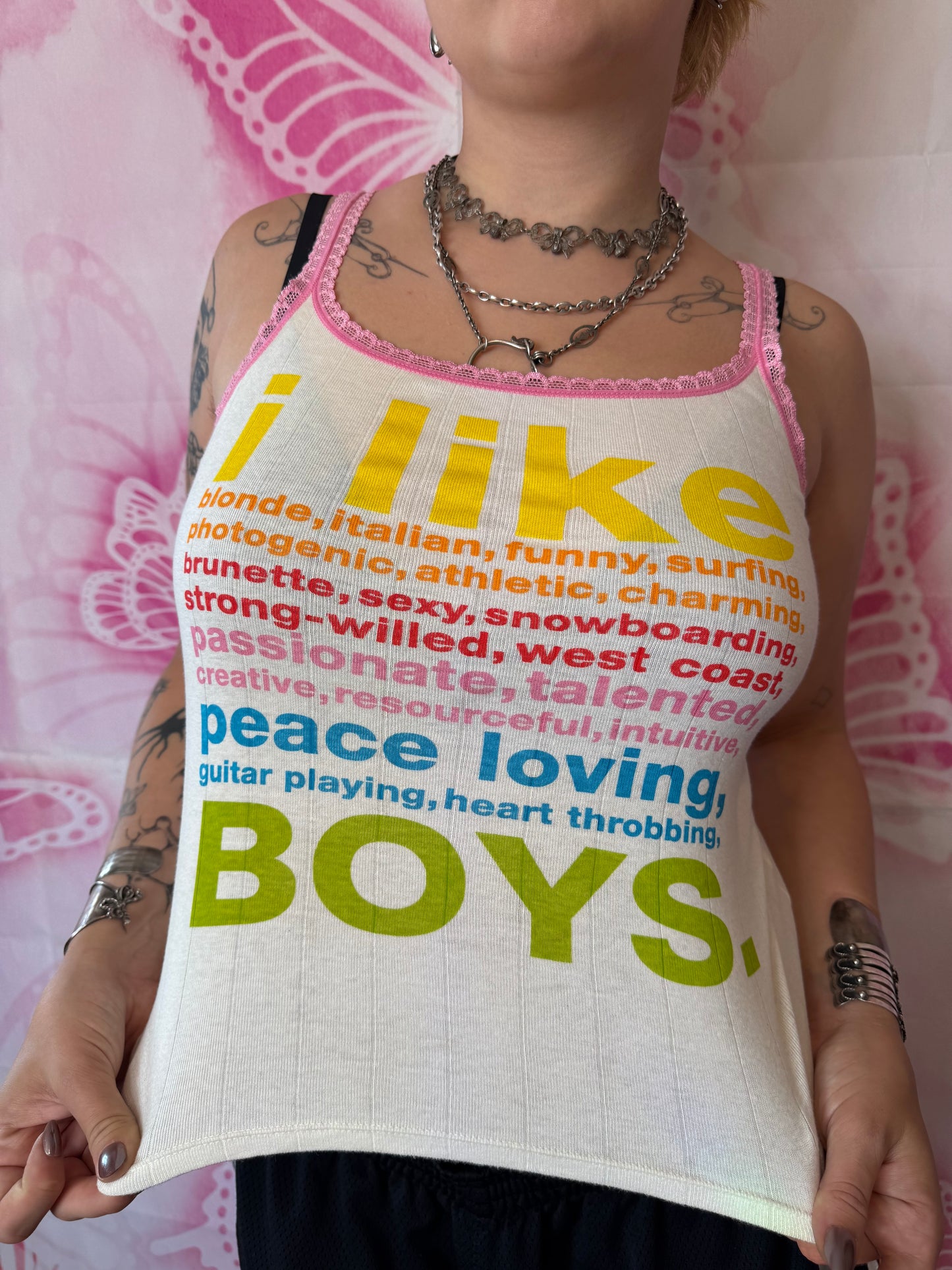 2004 RARE Victoria’s Secret Pink Rainbow Text “i like…” Graphic Tank