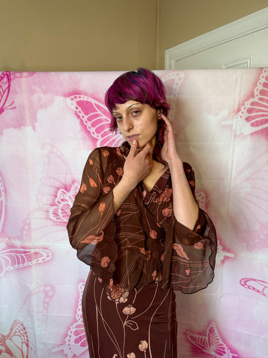 Y2K Art Nouveau Print Midi Dress Set w Sheer Bell Sleeve Wrap Top by Guess Collection