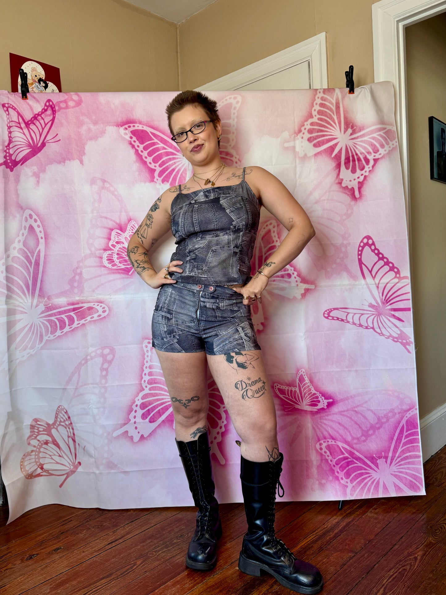 Y2K Denim Print 2 Piece Shorts Set