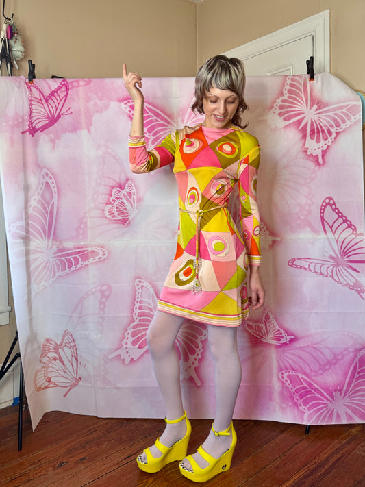 εϊз COMING SOON εϊз 1960s Emilio Pucci Geometric Circle Print Silk Jersey Shift Dress w Cord Crystal Belt