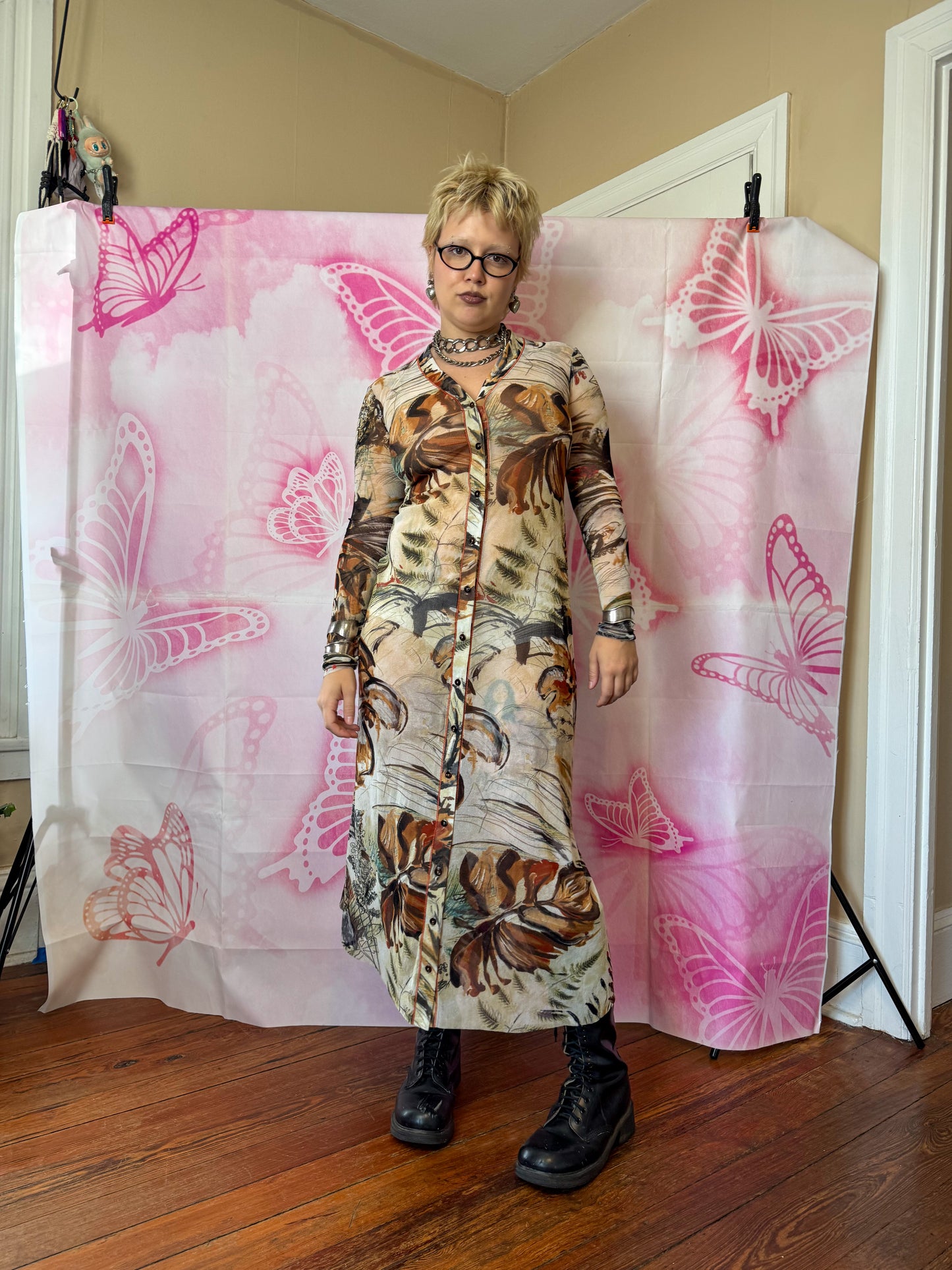 90s/Y2K Fuzzi Foliage Print Mesh Midi Dress/ Duster
