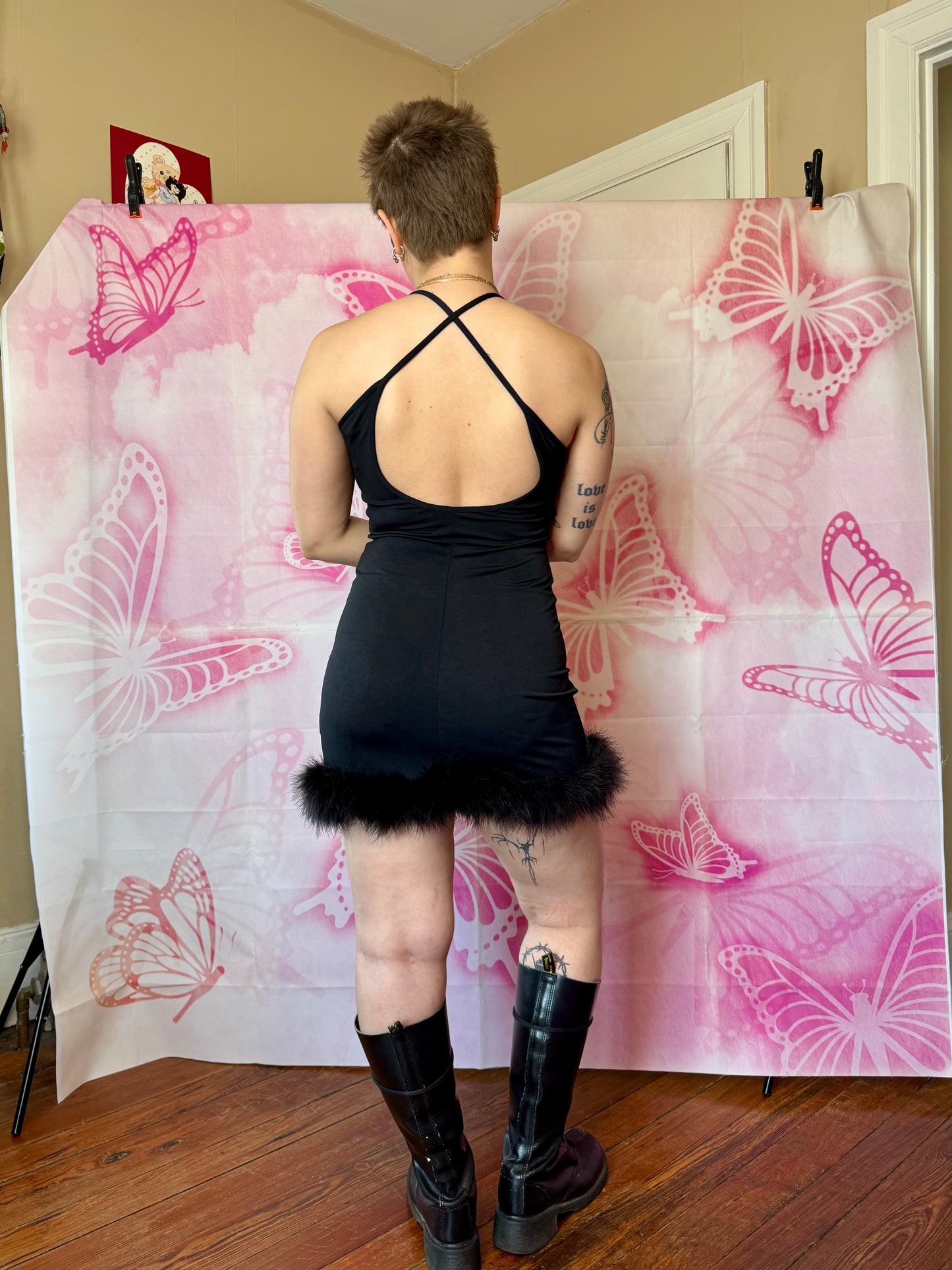 90s Bebe Moda Feather Trim Mini Dress