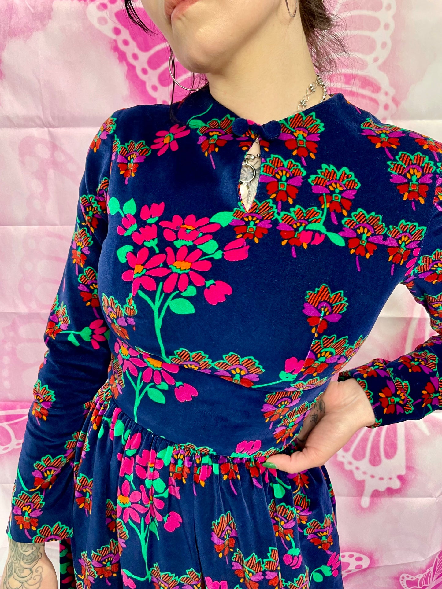 70s Neon Floral Velvet Maxi Dress