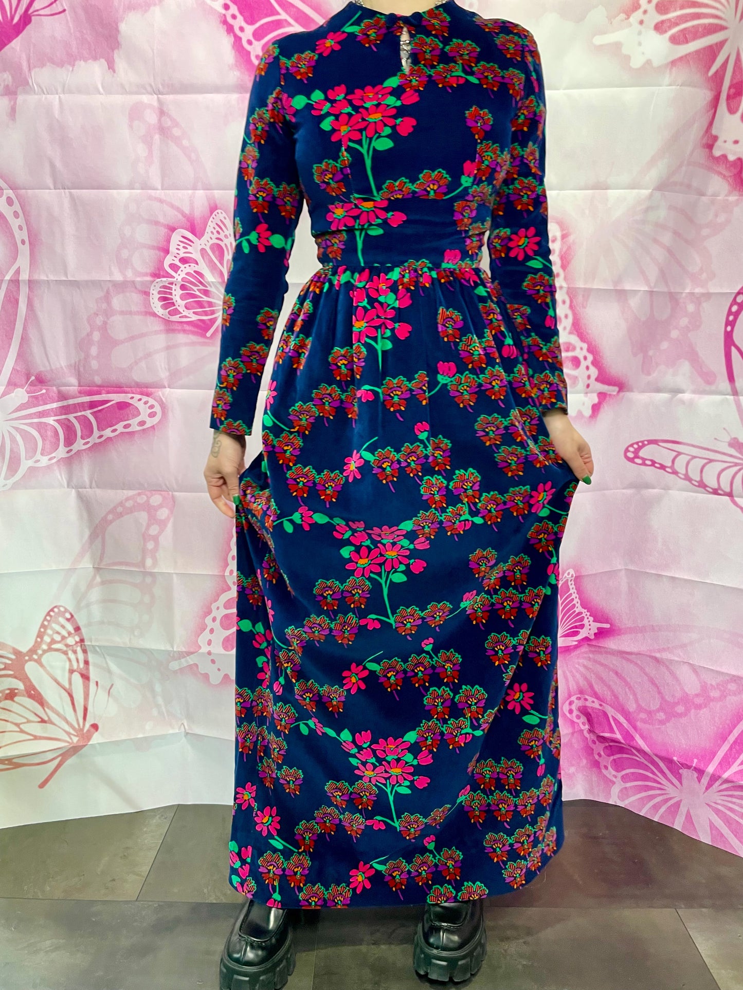 70s Neon Floral Velvet Maxi Dress