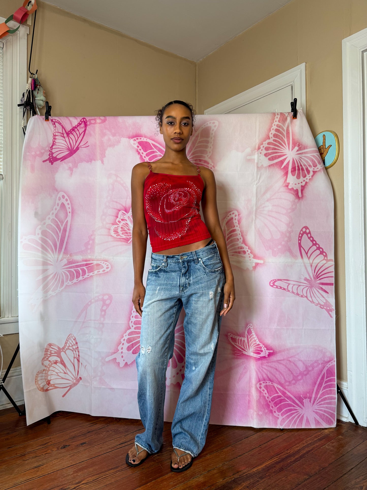 Y2K Deadstock Beadazzled Rose Cami in Red