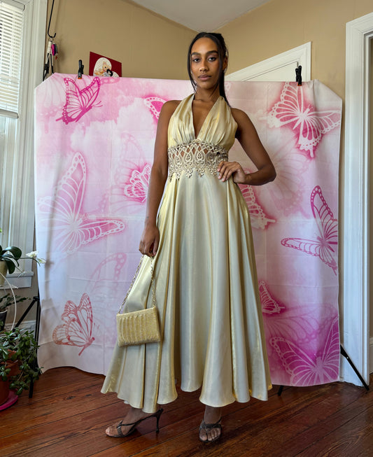Y2K Lace Bodice Gold Flouncy Gown