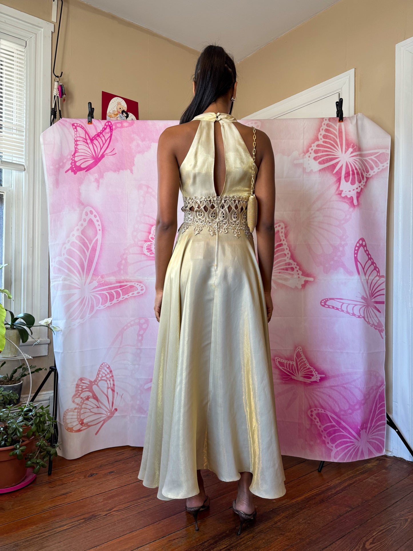 Y2K Lace Bodice Gold Flouncy Gown