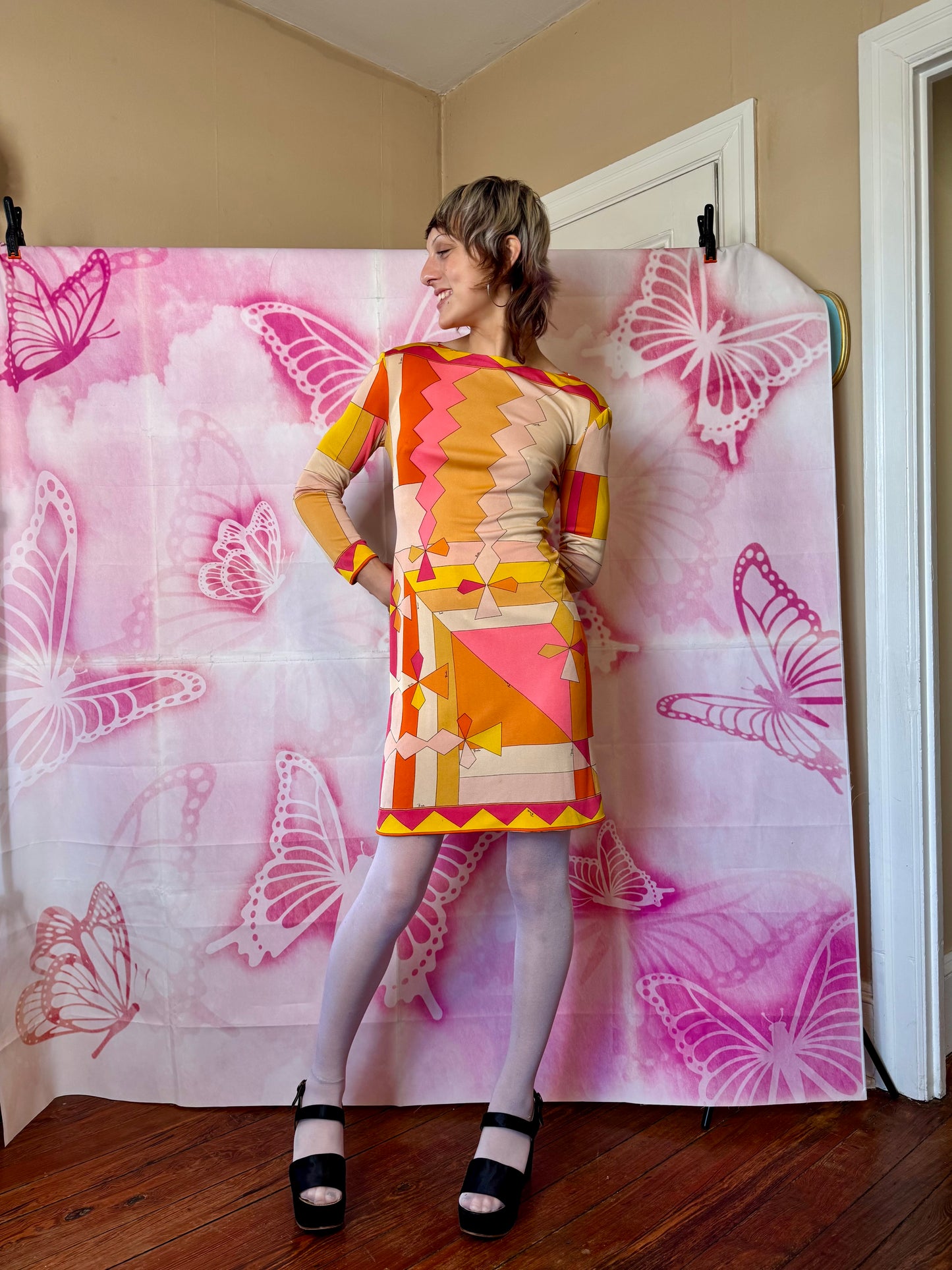 εϊз COMING SOON εϊз 1960s Emilio Pucci Pink-Orange-Yellow Zig Zag Silk Jersey Shift Dress