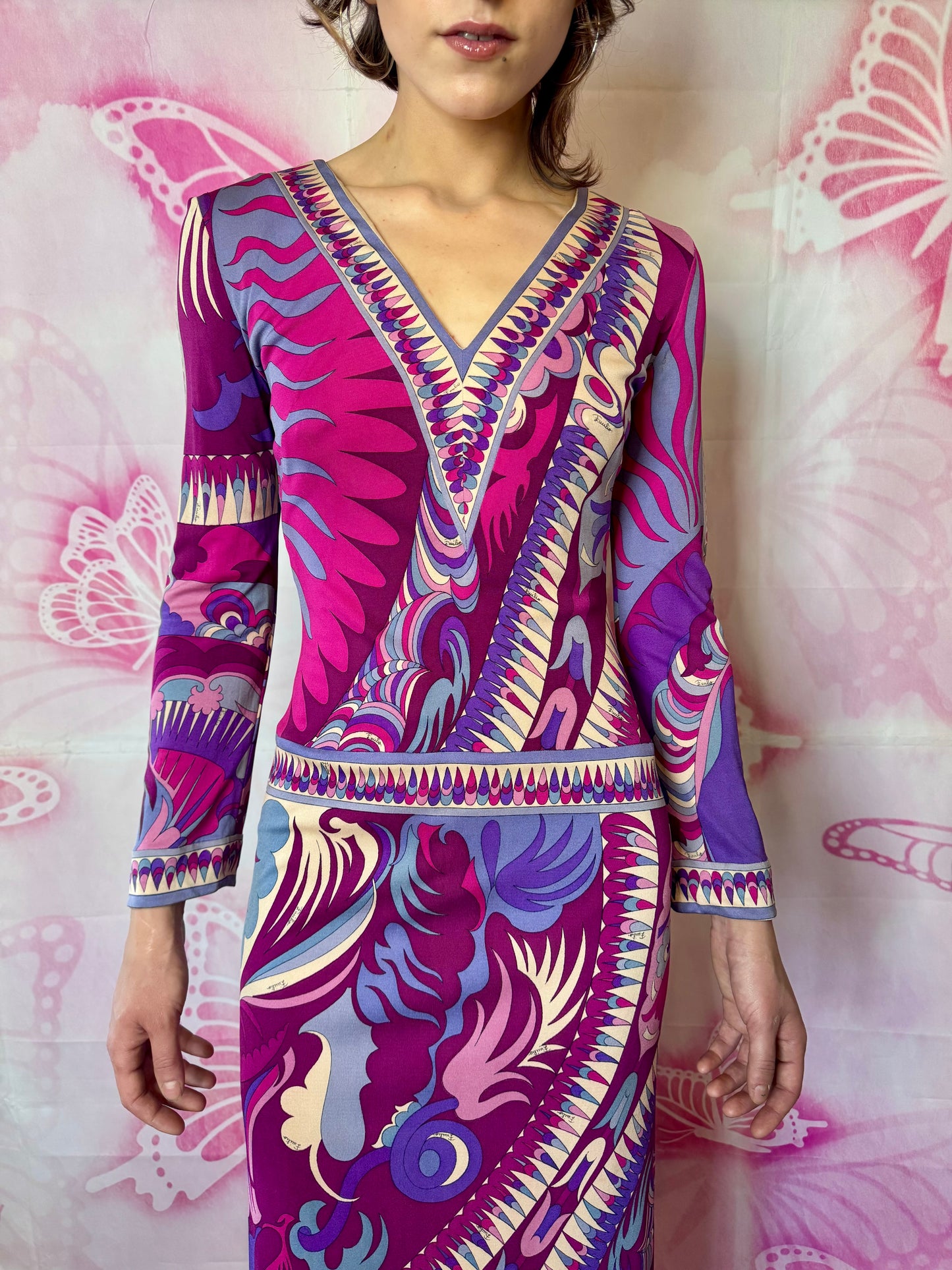 1960s Emilio Pucci Art Nouveau Purple Print Drop Waist Maxi Dress