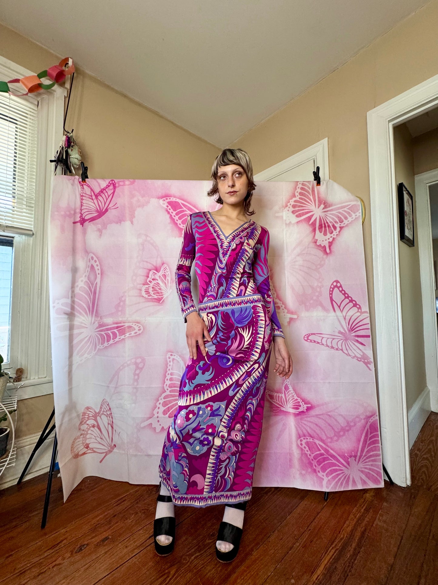 1960s Emilio Pucci Art Nouveau Purple Print Drop Waist Maxi Dress
