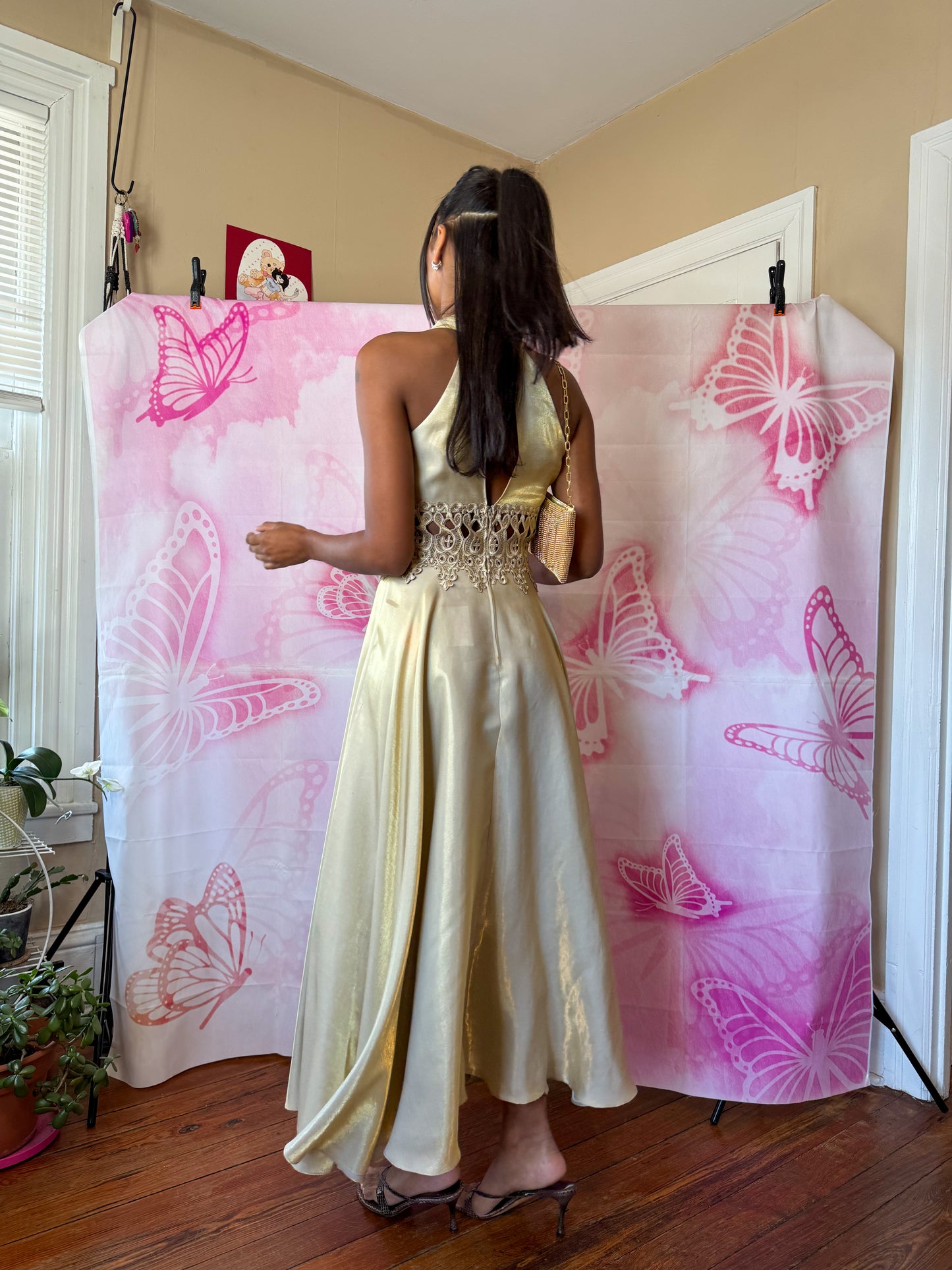 Y2K Lace Bodice Gold Flouncy Gown