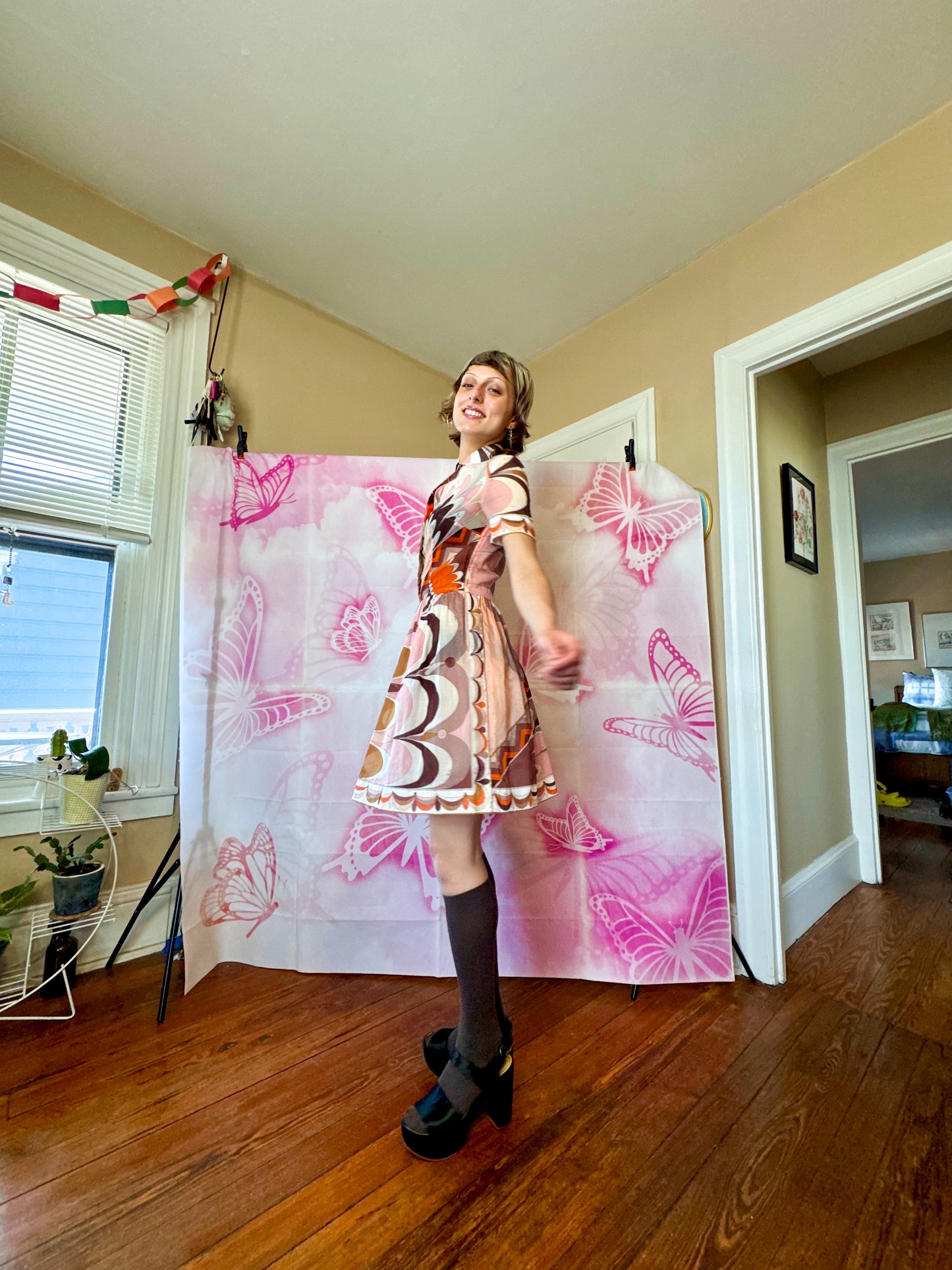 1960s Emilio Pucci Pink-Orange-Brown Psychedelic Printed Cotton Short Sleeve Dress