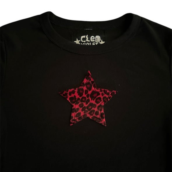 Cleo Violet Red Fuzzy Leopard Print Star Long Sleeve Tee