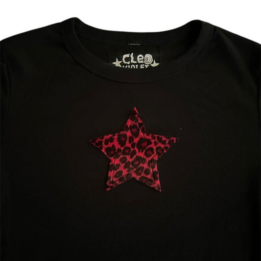 Cleo Violet Red Fuzzy Leopard Print Star Long Sleeve Tee