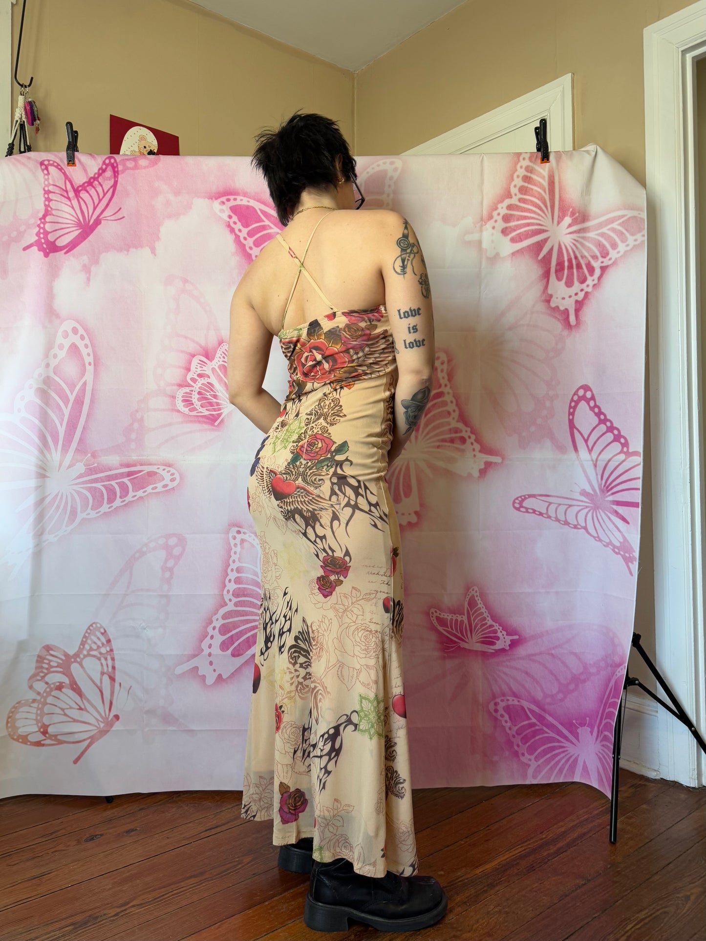Y2K Tribal Tattoo Embellished Mesh Maxi