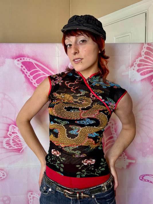 Y2K Mesh Dragon Fitted Top