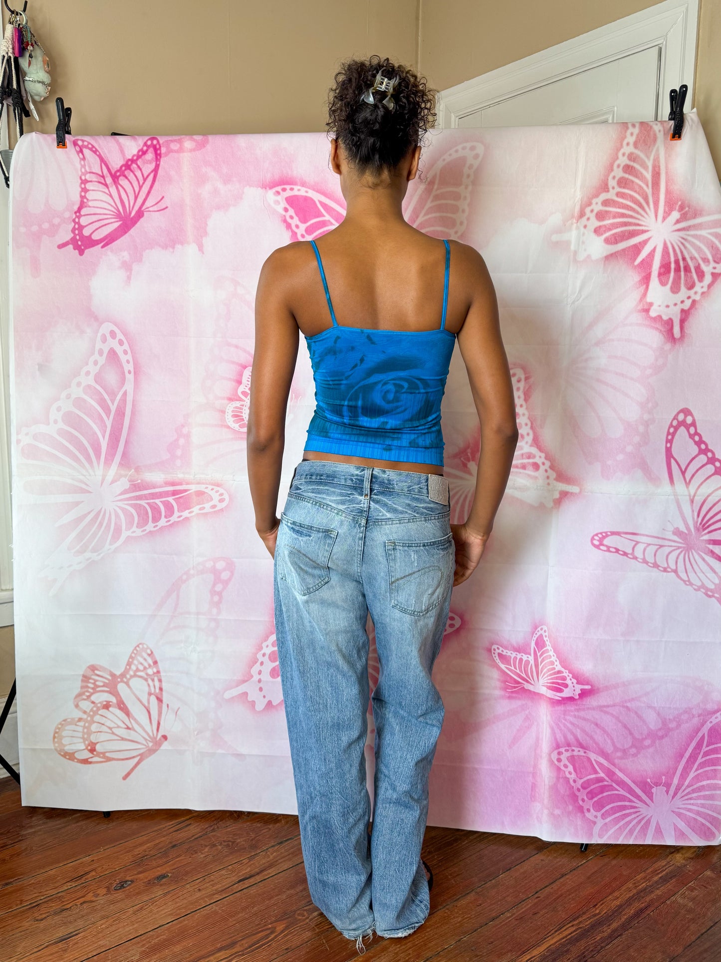 Y2K Deadstock Beadazzled Rose Cami in Blue