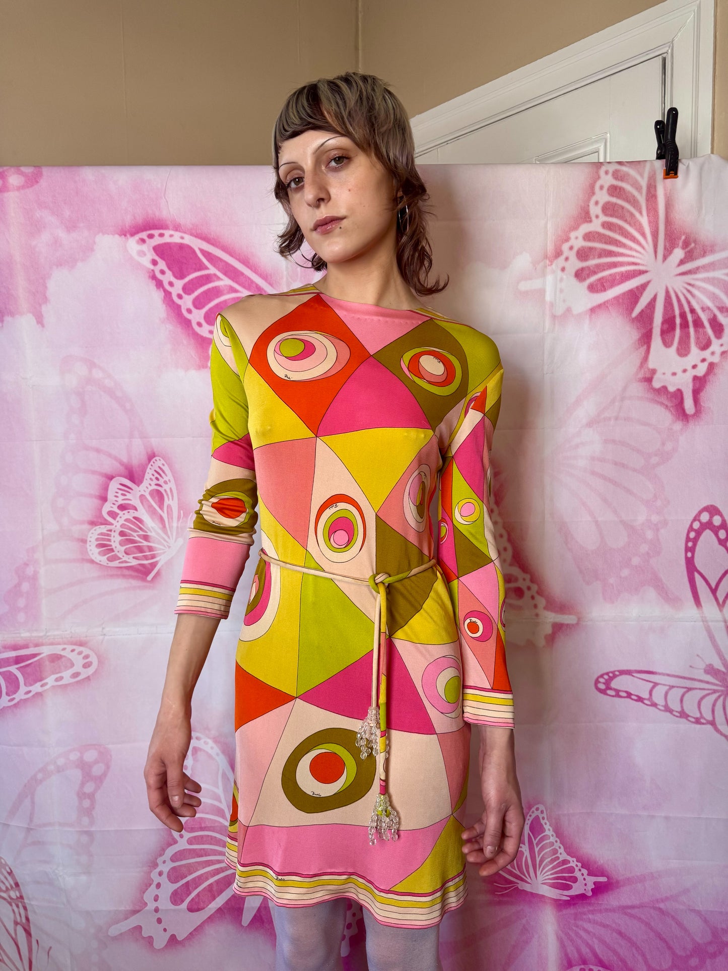 εϊз COMING SOON εϊз 1960s Emilio Pucci Geometric Circle Print Silk Jersey Shift Dress w Cord Crystal Belt