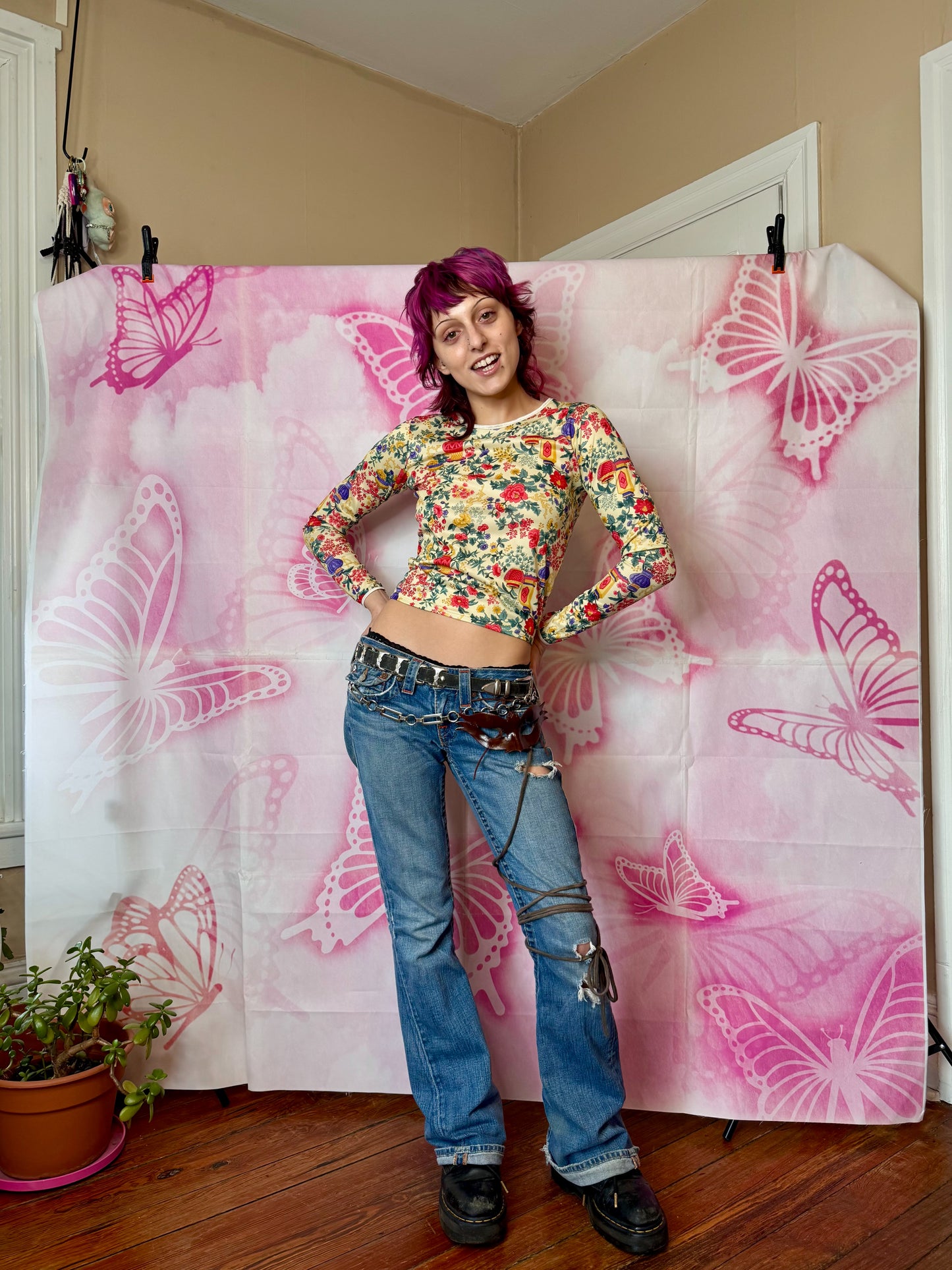 90s Vase & Foliage Motif All Over Print Top