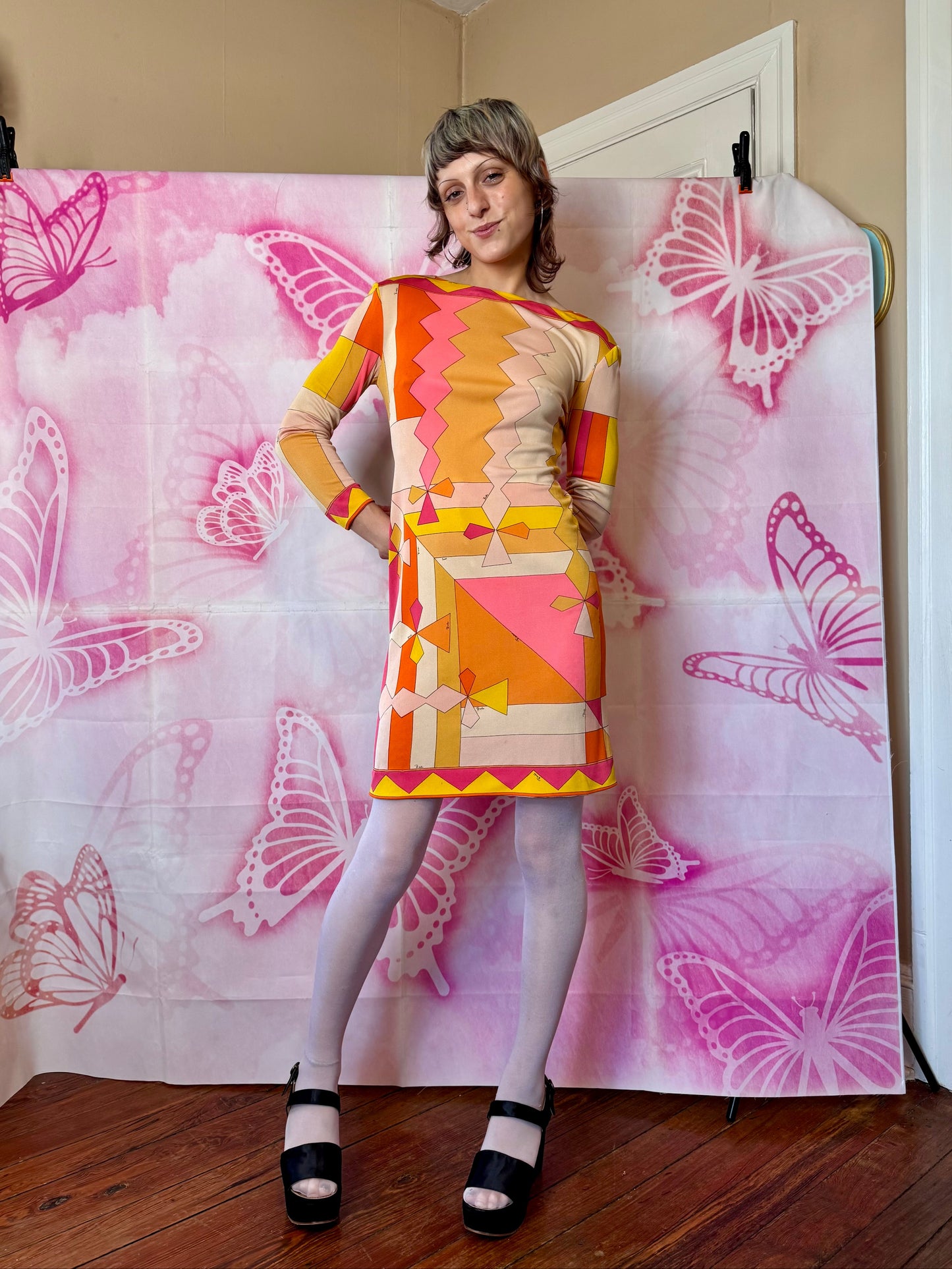 εϊз COMING SOON εϊз 1960s Emilio Pucci Pink-Orange-Yellow Zig Zag Silk Jersey Shift Dress