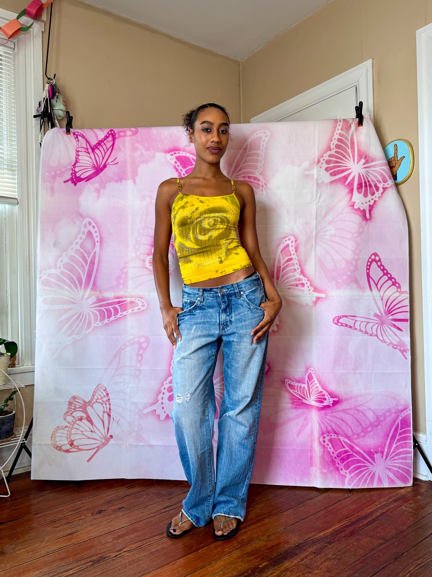 Y2K Deadstock Beadazzled Rose Cami in Yellow