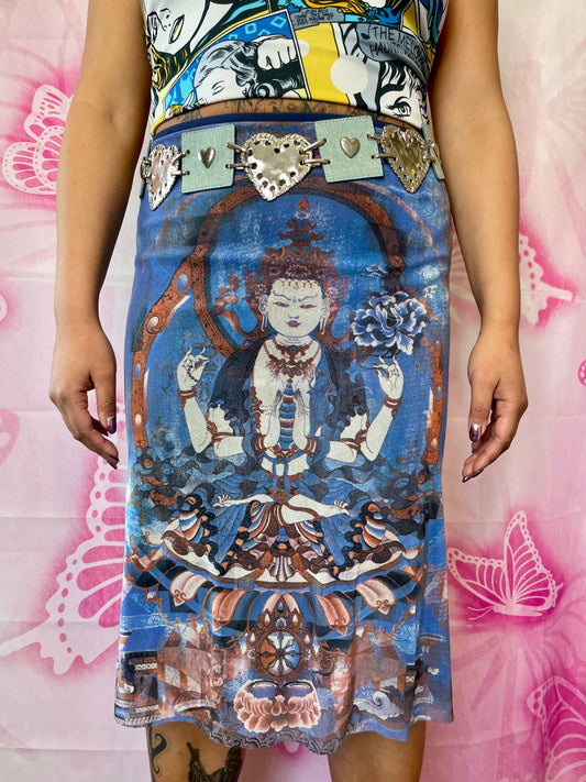 90s Vivienne Tam Buddha Printed Mesh Skirt