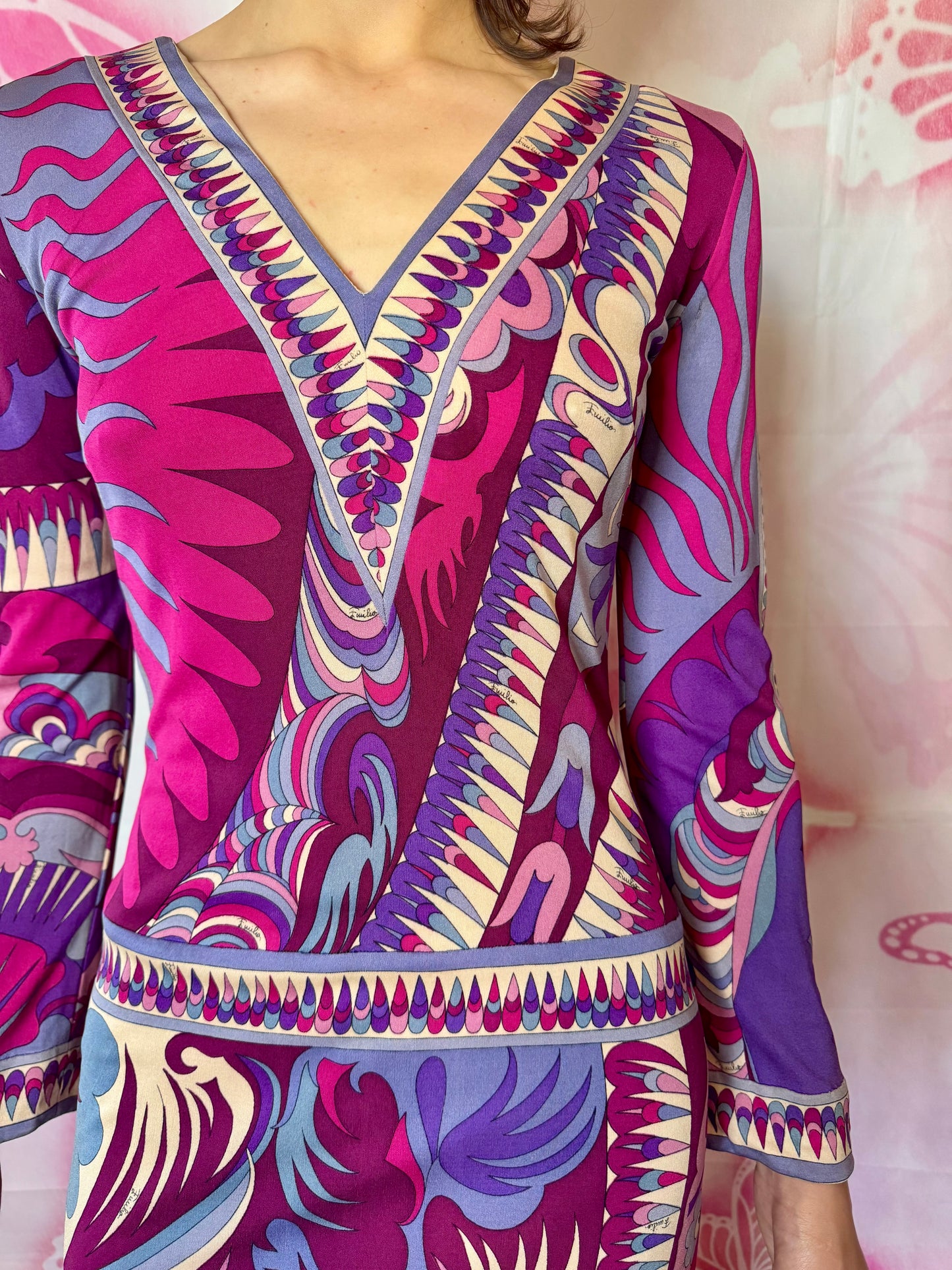 1960s Emilio Pucci Art Nouveau Purple Print Drop Waist Maxi Dress