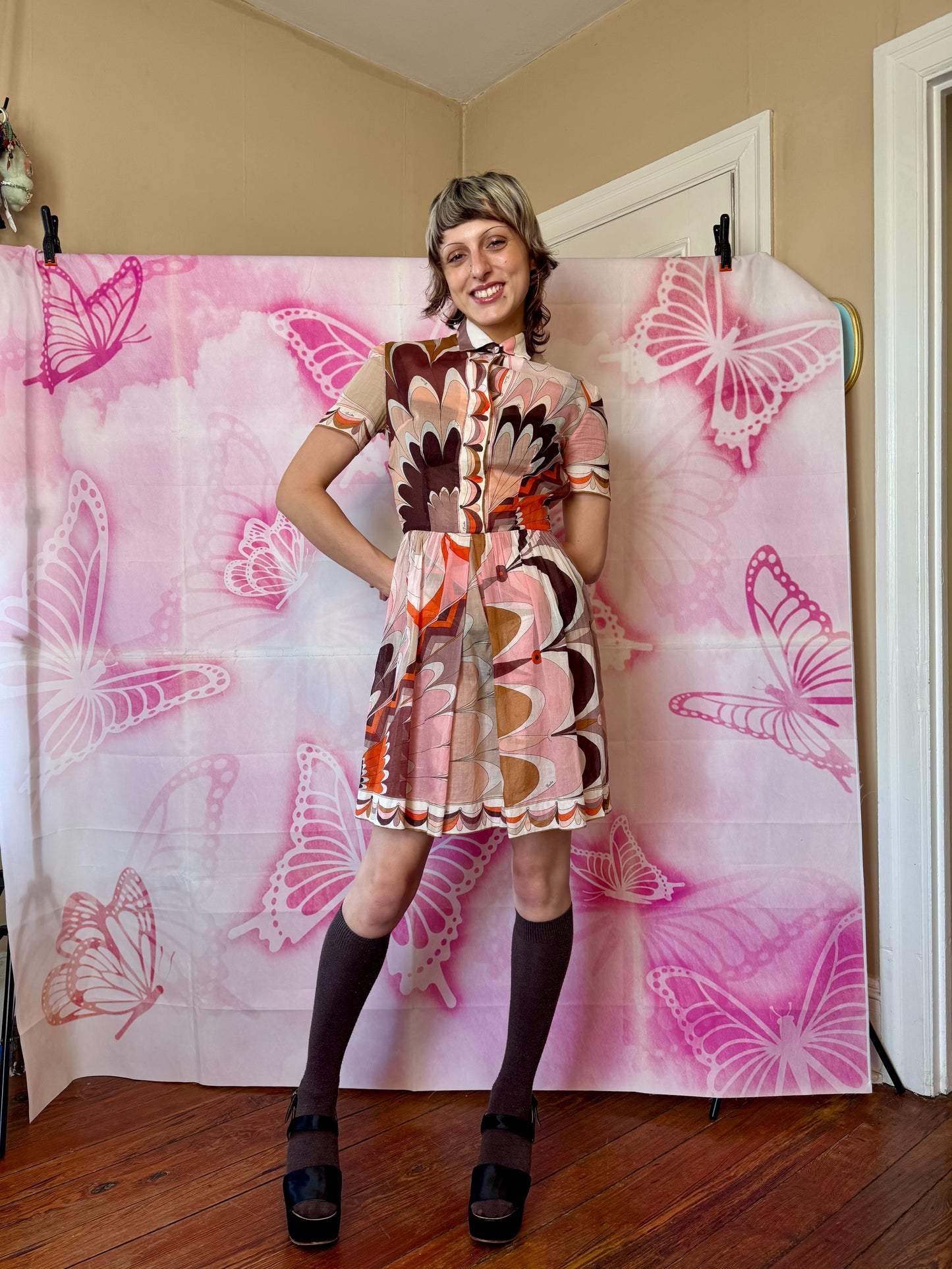 1960s Emilio Pucci Pink-Orange-Brown Psychedelic Printed Cotton Short Sleeve Dress