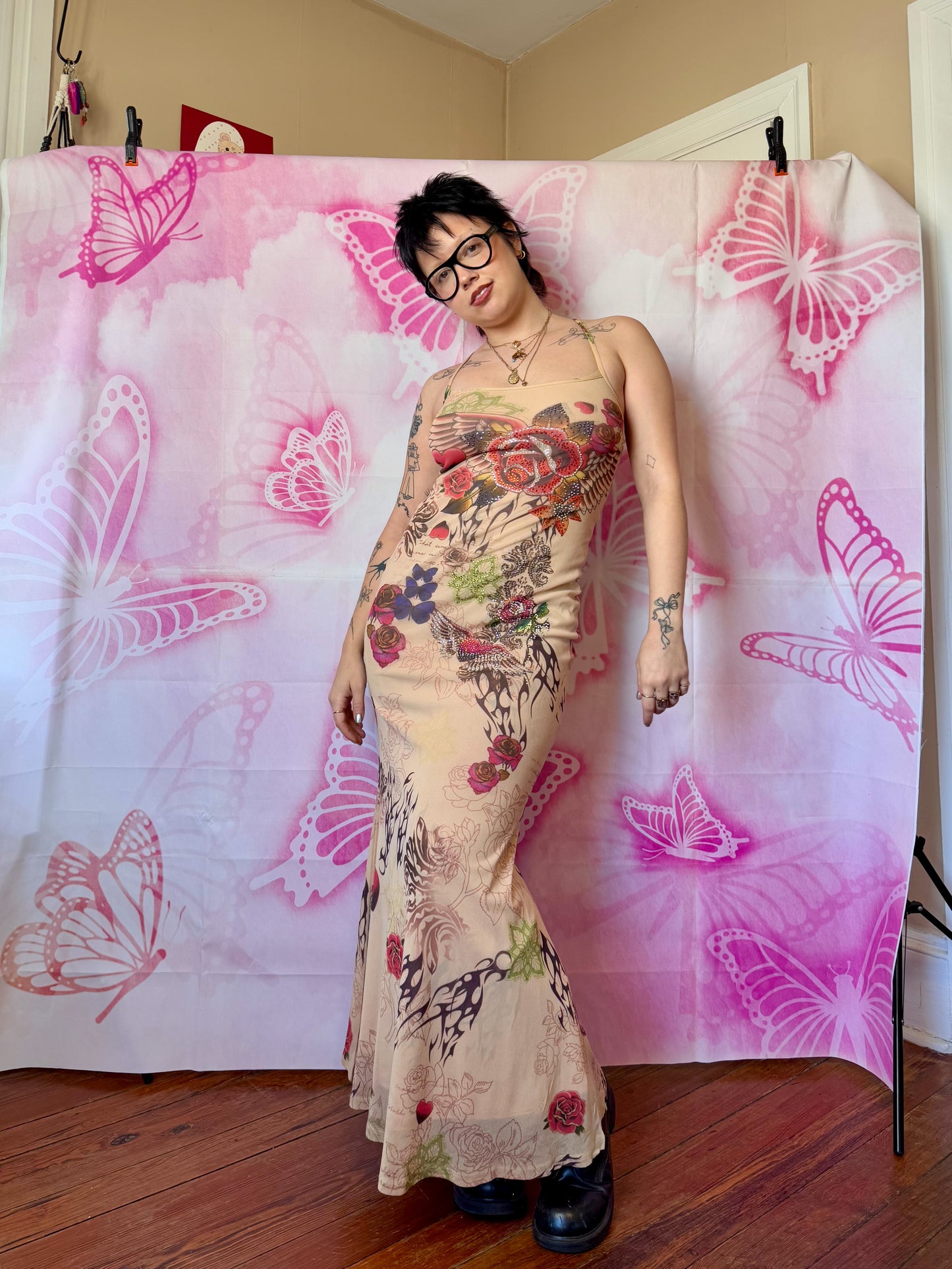 Y2K Tribal Tattoo Embellished Mesh Maxi