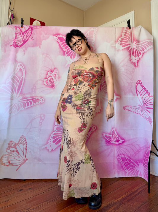 Y2K Tribal Tattoo Embellished Mesh Maxi