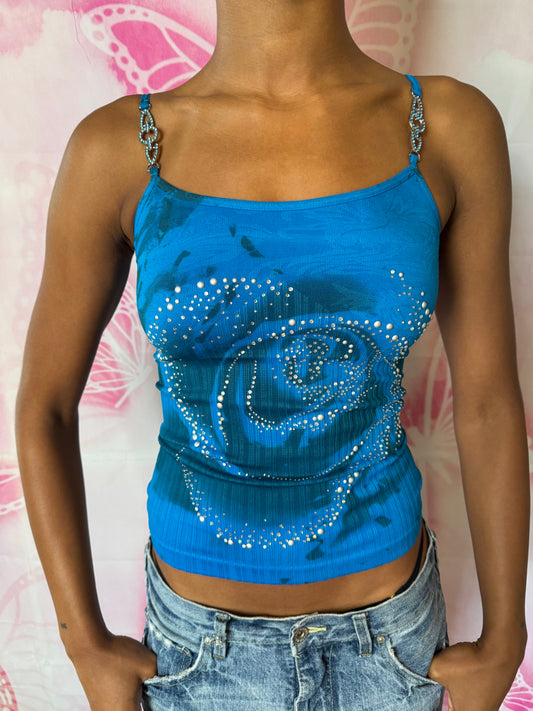 Y2K Deadstock Beadazzled Rose Cami in Blue