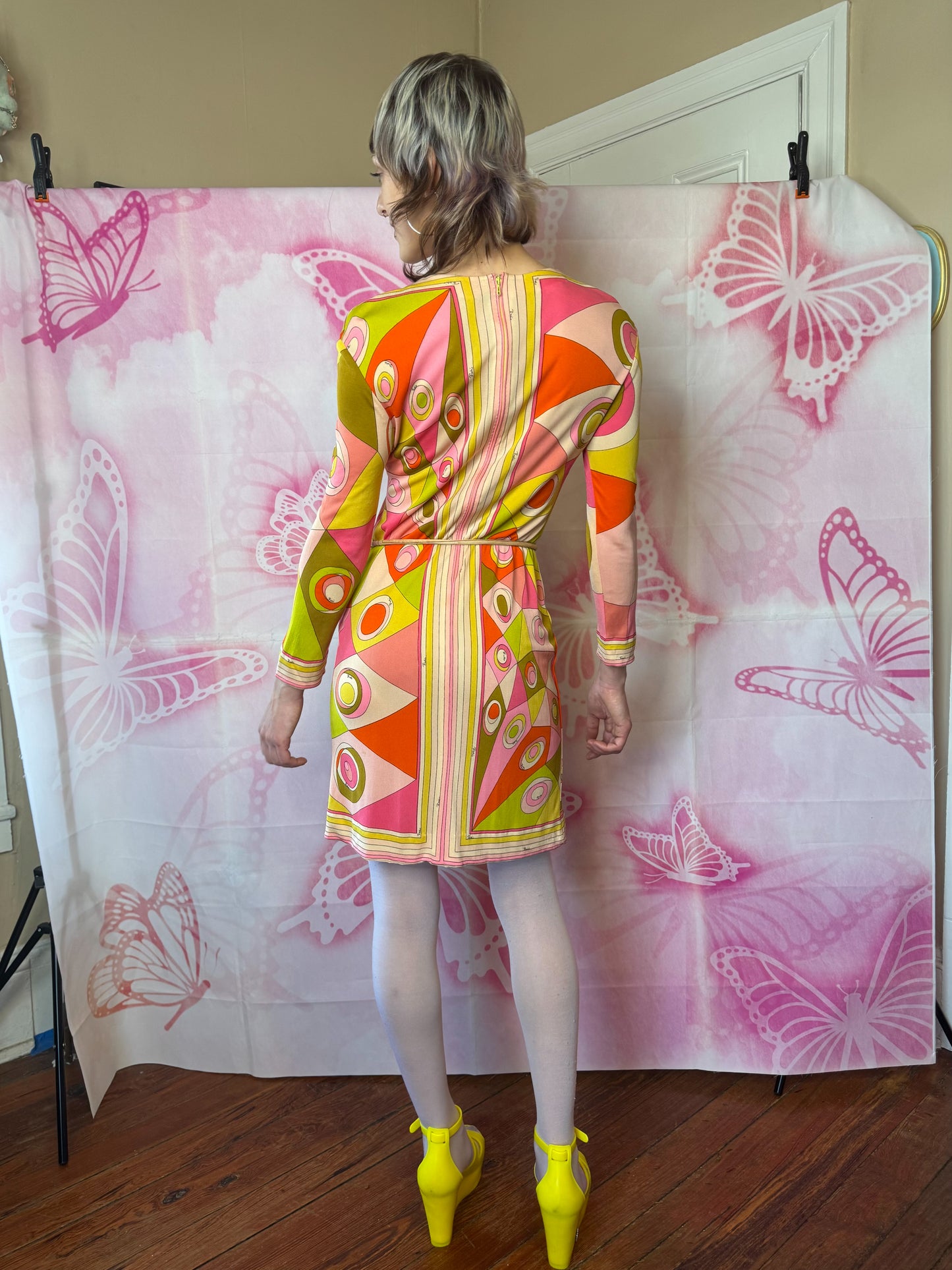 εϊз COMING SOON εϊз 1960s Emilio Pucci Geometric Circle Print Silk Jersey Shift Dress w Cord Crystal Belt