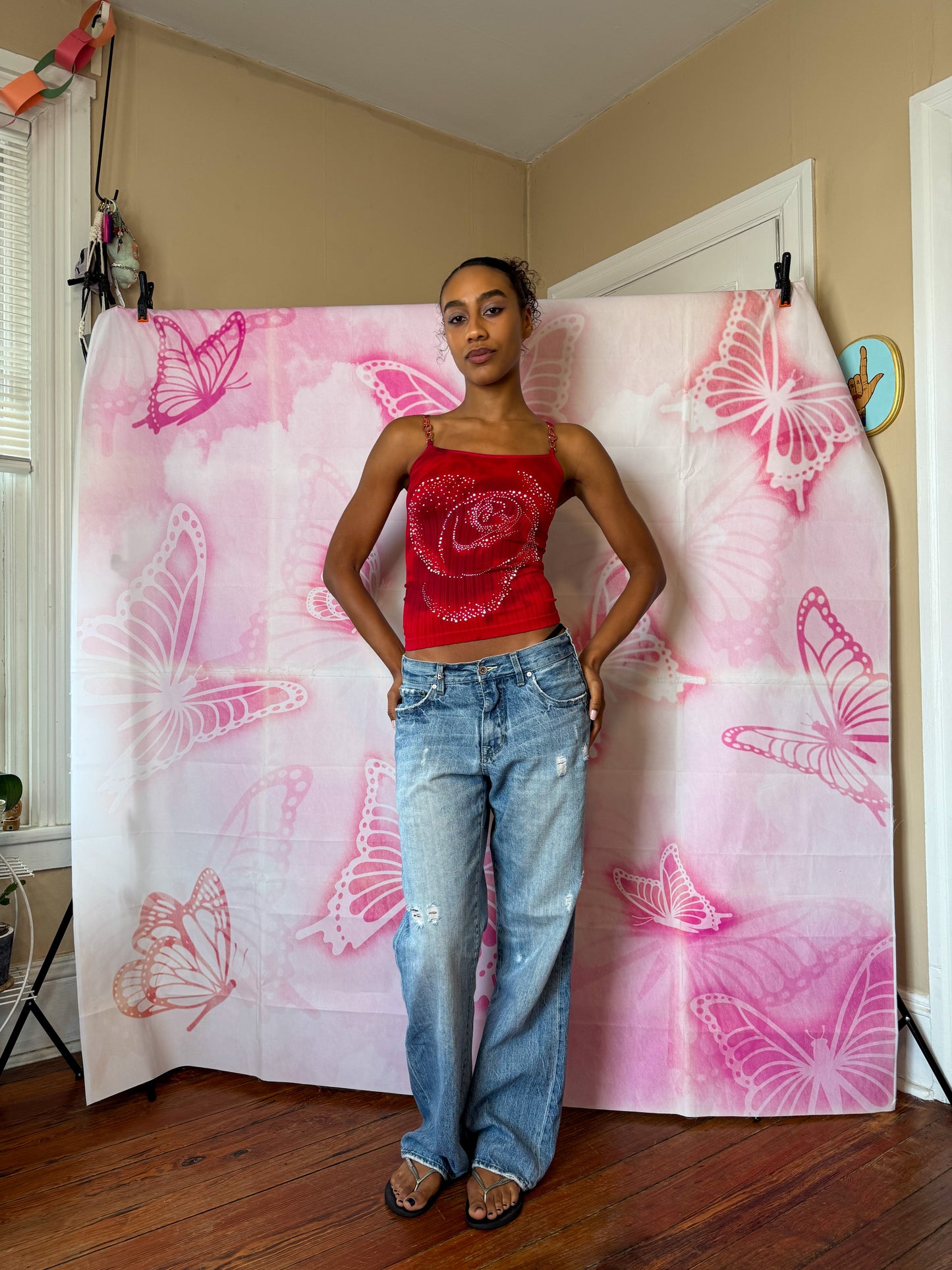 Y2K Deadstock Beadazzled Rose Cami in Red