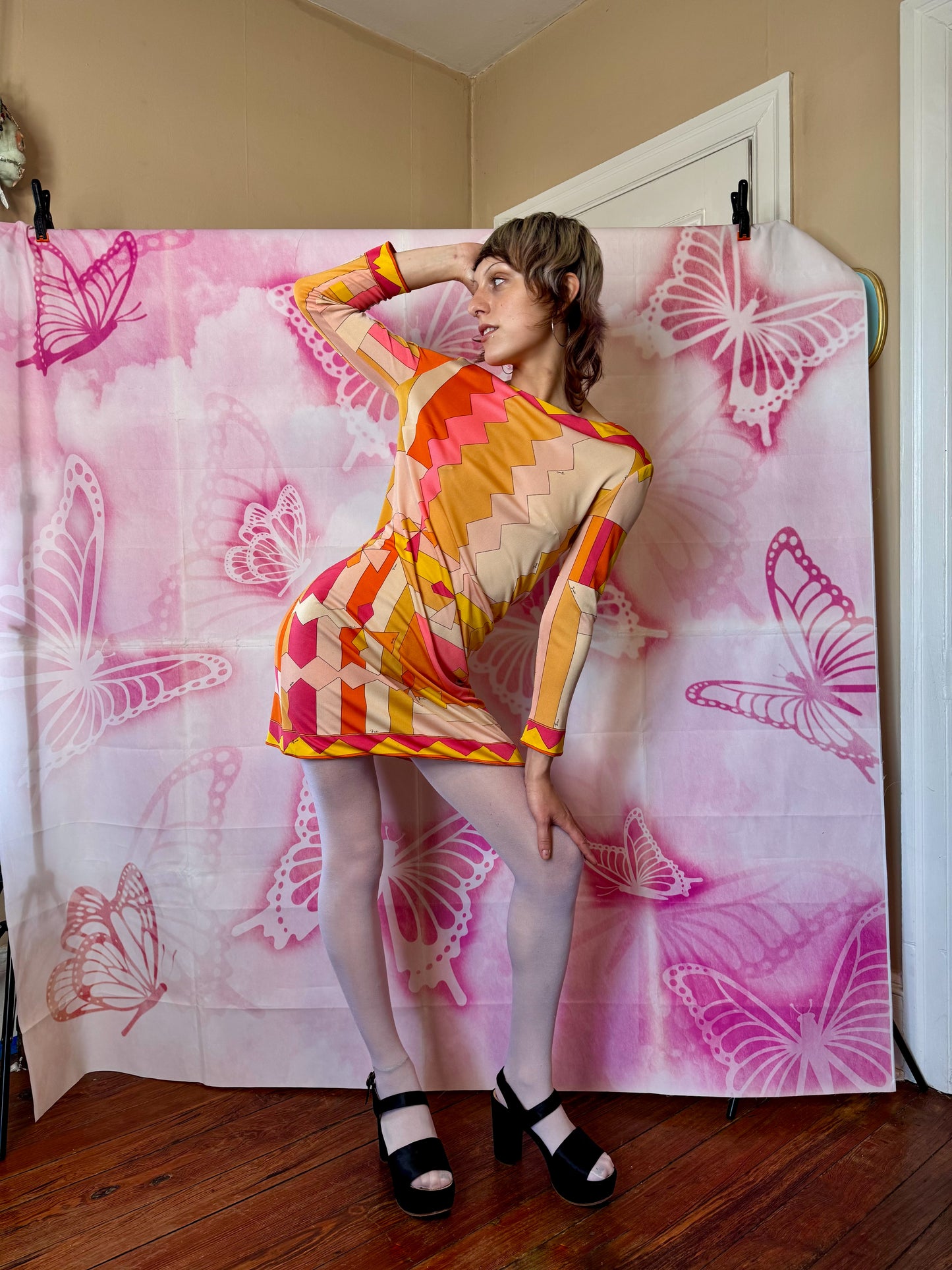 εϊз COMING SOON εϊз 1960s Emilio Pucci Pink-Orange-Yellow Zig Zag Silk Jersey Shift Dress