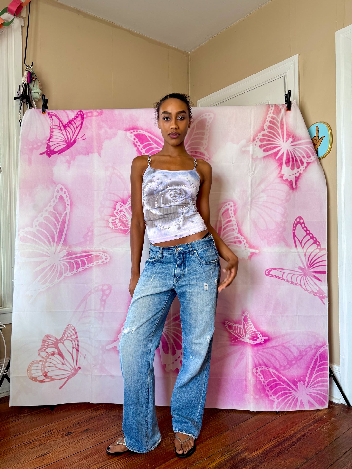 Y2K Deadstock Beadazzled Rose Cami in Ice