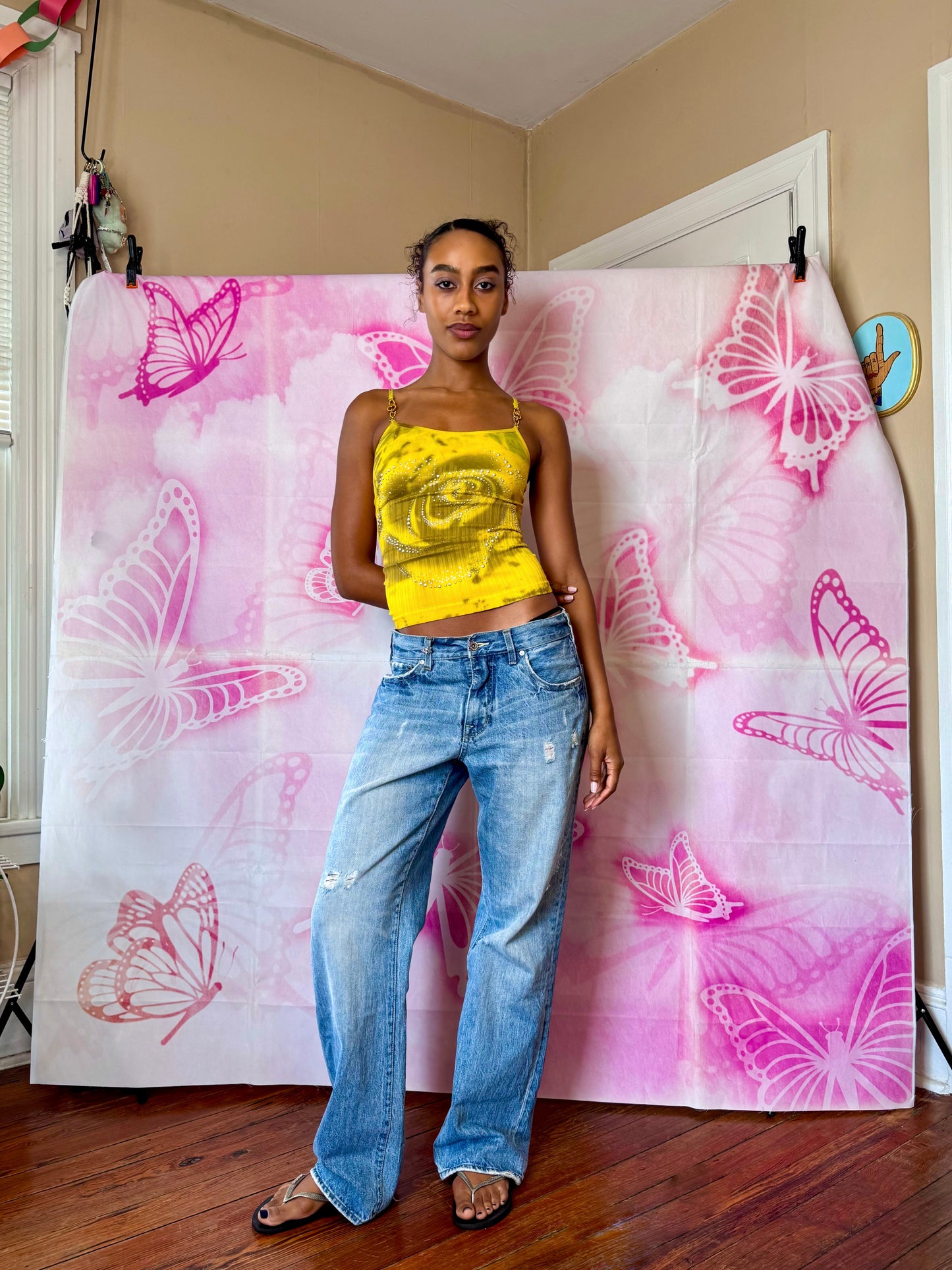 Y2K Deadstock Beadazzled Rose Cami in Yellow