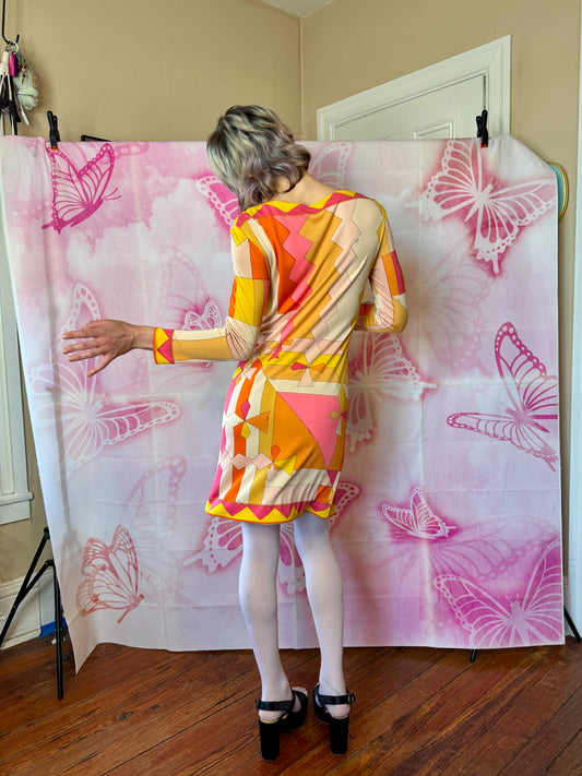 εϊз COMING SOON εϊз 1960s Emilio Pucci Pink-Orange-Yellow Zig Zag Silk Jersey Shift Dress